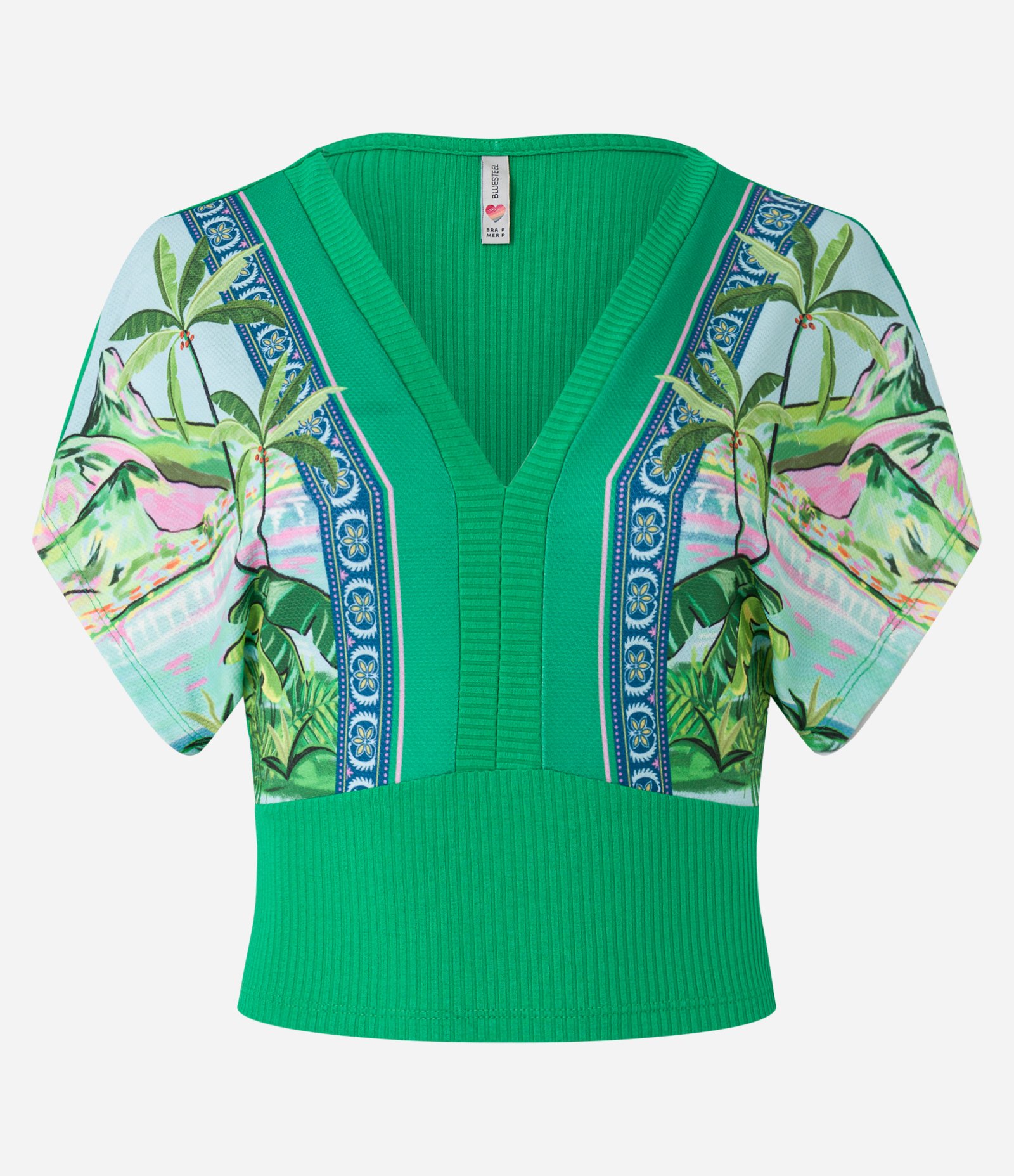 Blusa em Ribana com Estampa Tropical nas Mangas e Busto Verde 1