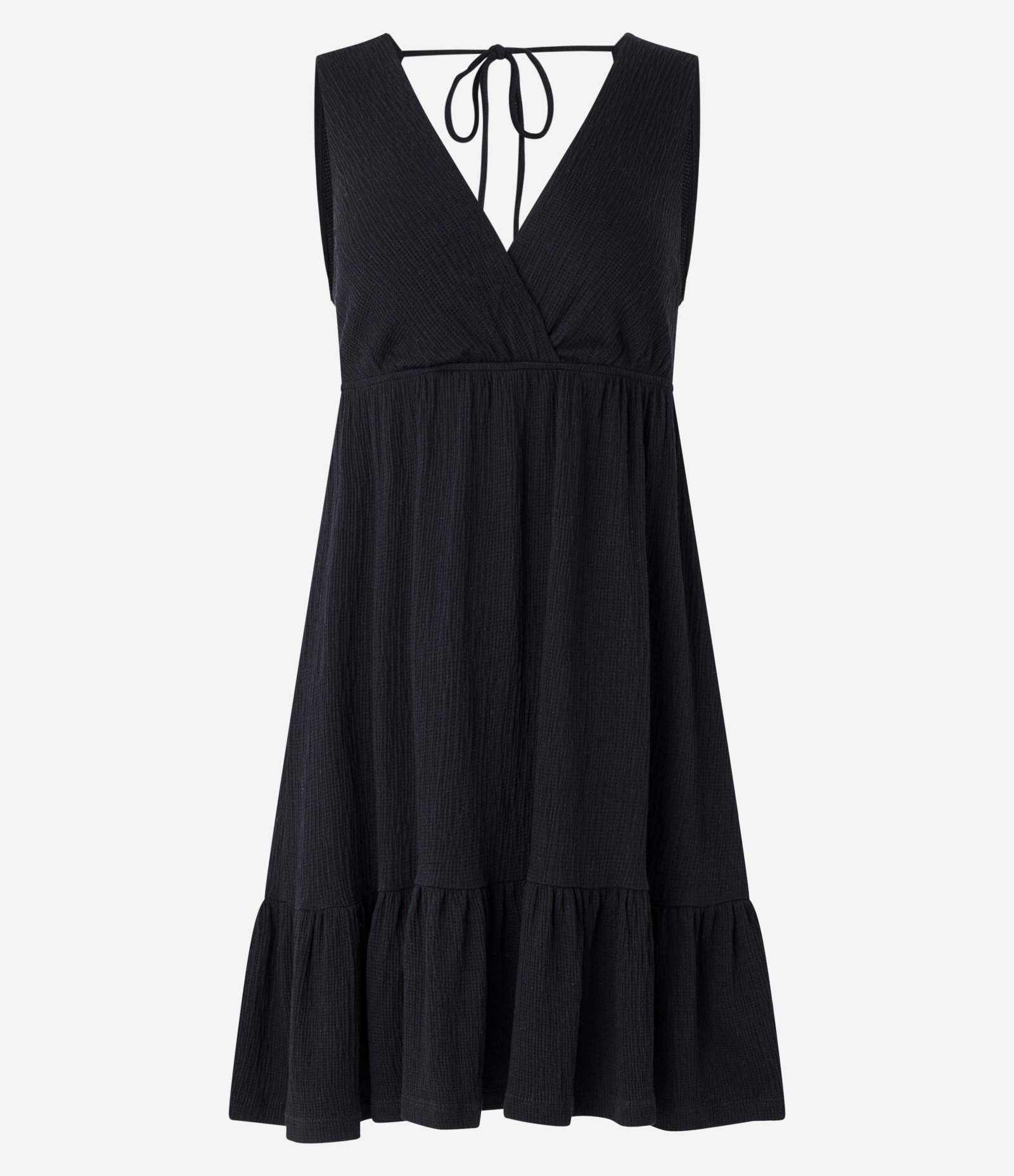 Vestido Curto Texturizado com Amarração e Babado na Barra Preto 1