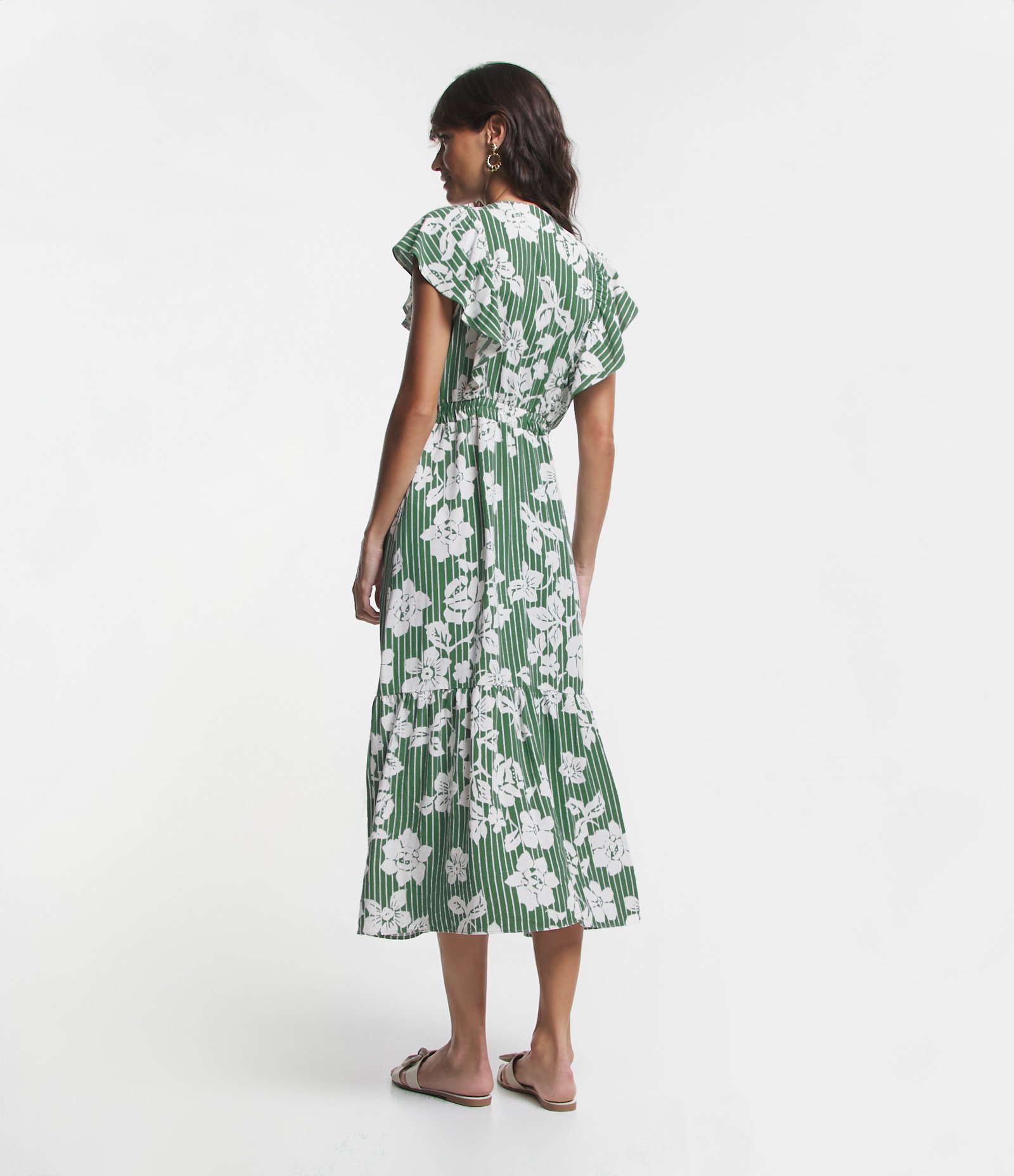 Vestido Midi em Viscolinho com Decote V e Estampa de Flores Verde 4