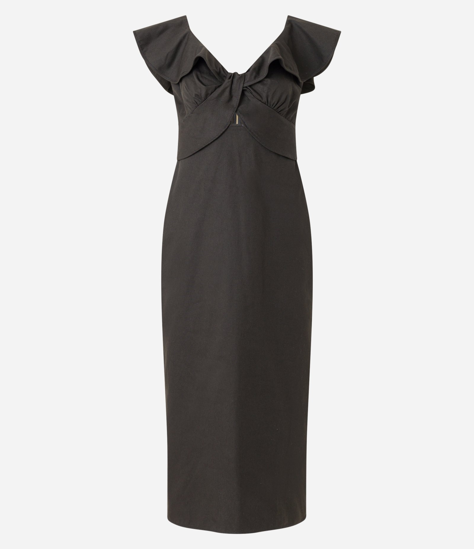 Vestido Midi Sem Manga em Linho com Babado Preto 1