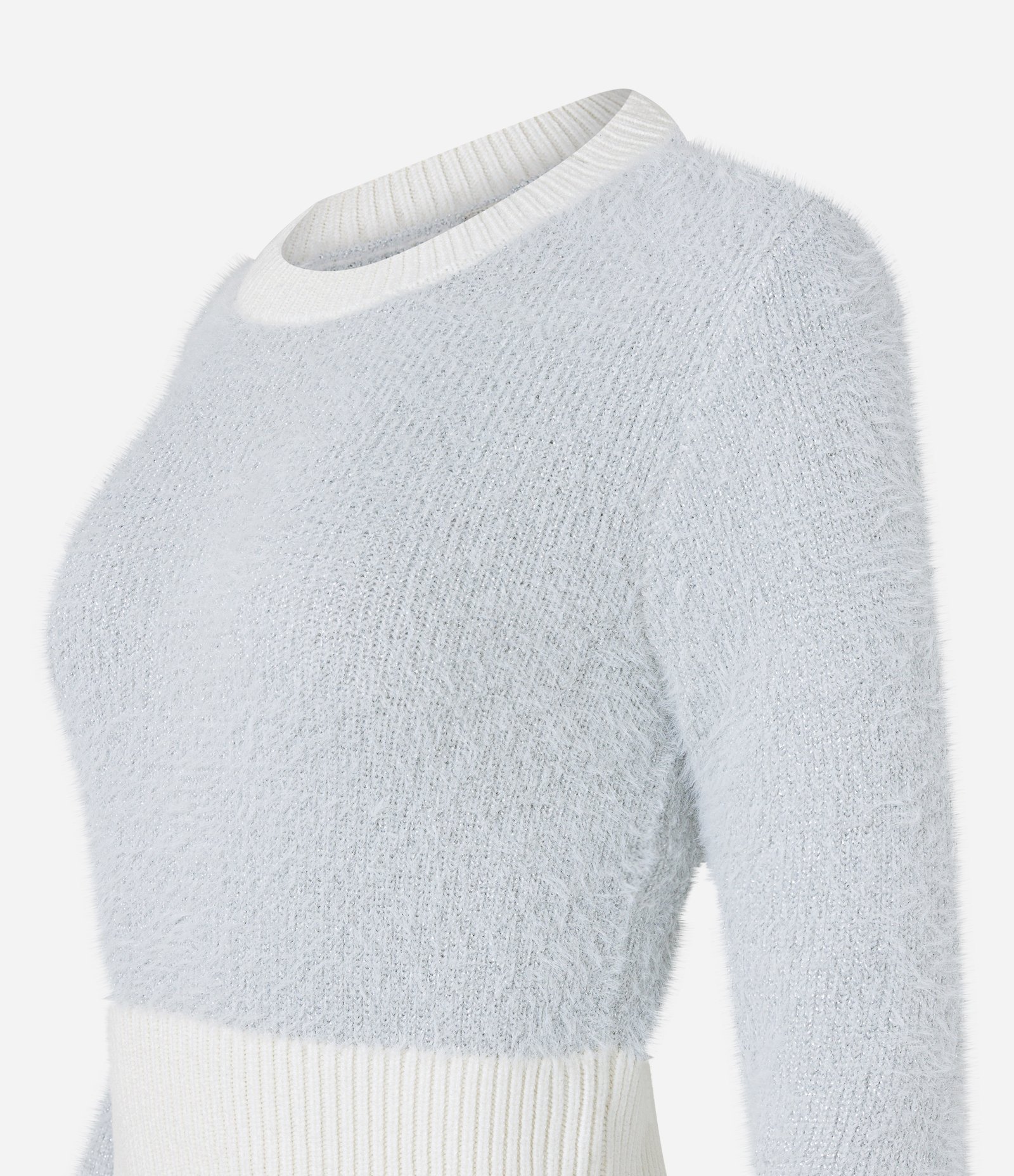 Suéter Curto em Tricô com Pelinhos e Fio Metalizado Branco 6