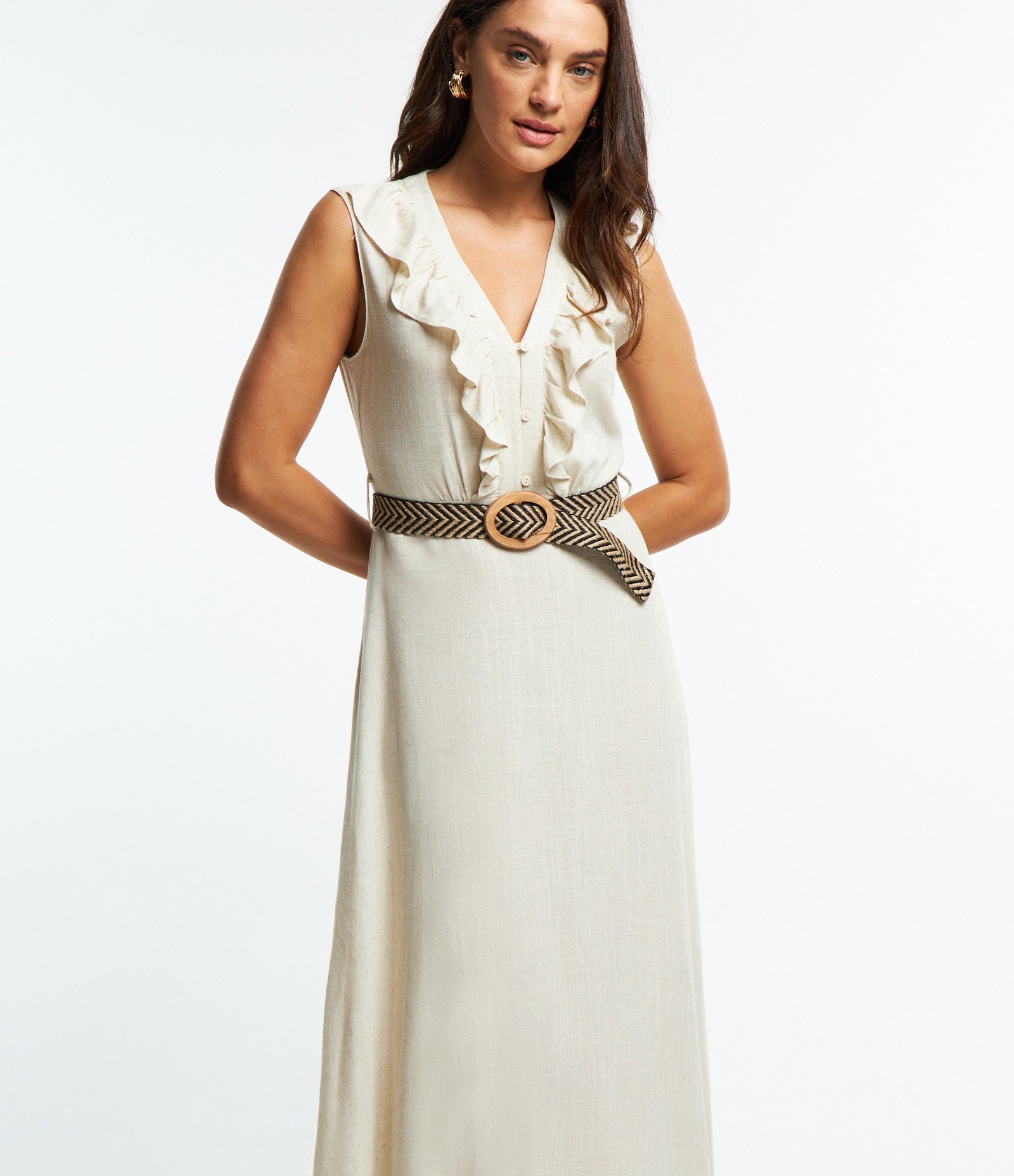 Vestido Midi em Viscolinho com Babado no Decote e Cinto Fivela Crú 3
