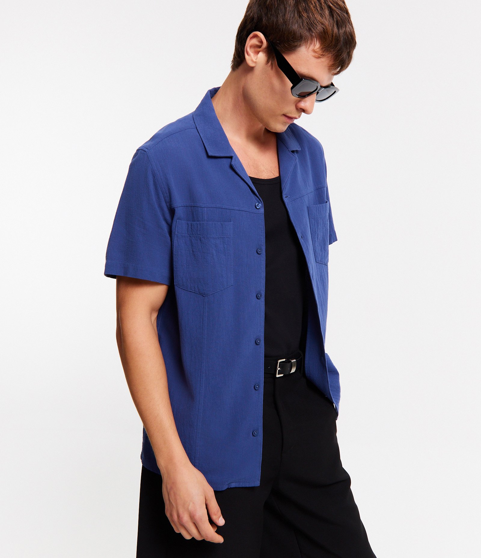 Camisa em Algodão Sarjado com Bolsos Frontais Azul 3