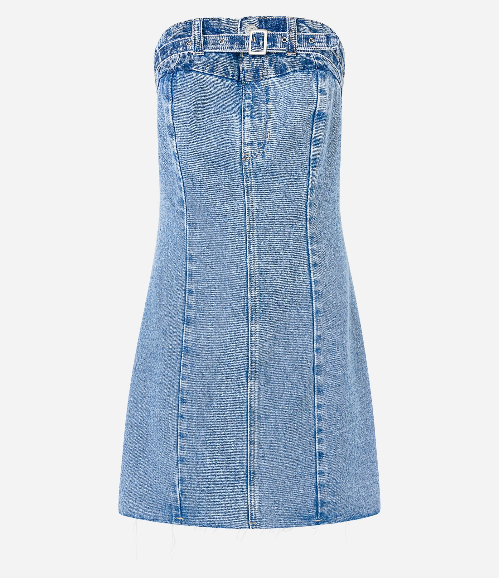 Vestido Tomara que Caia Jeans com Cinto Fivela no Decote
e Zíper nas Costas Azul 1