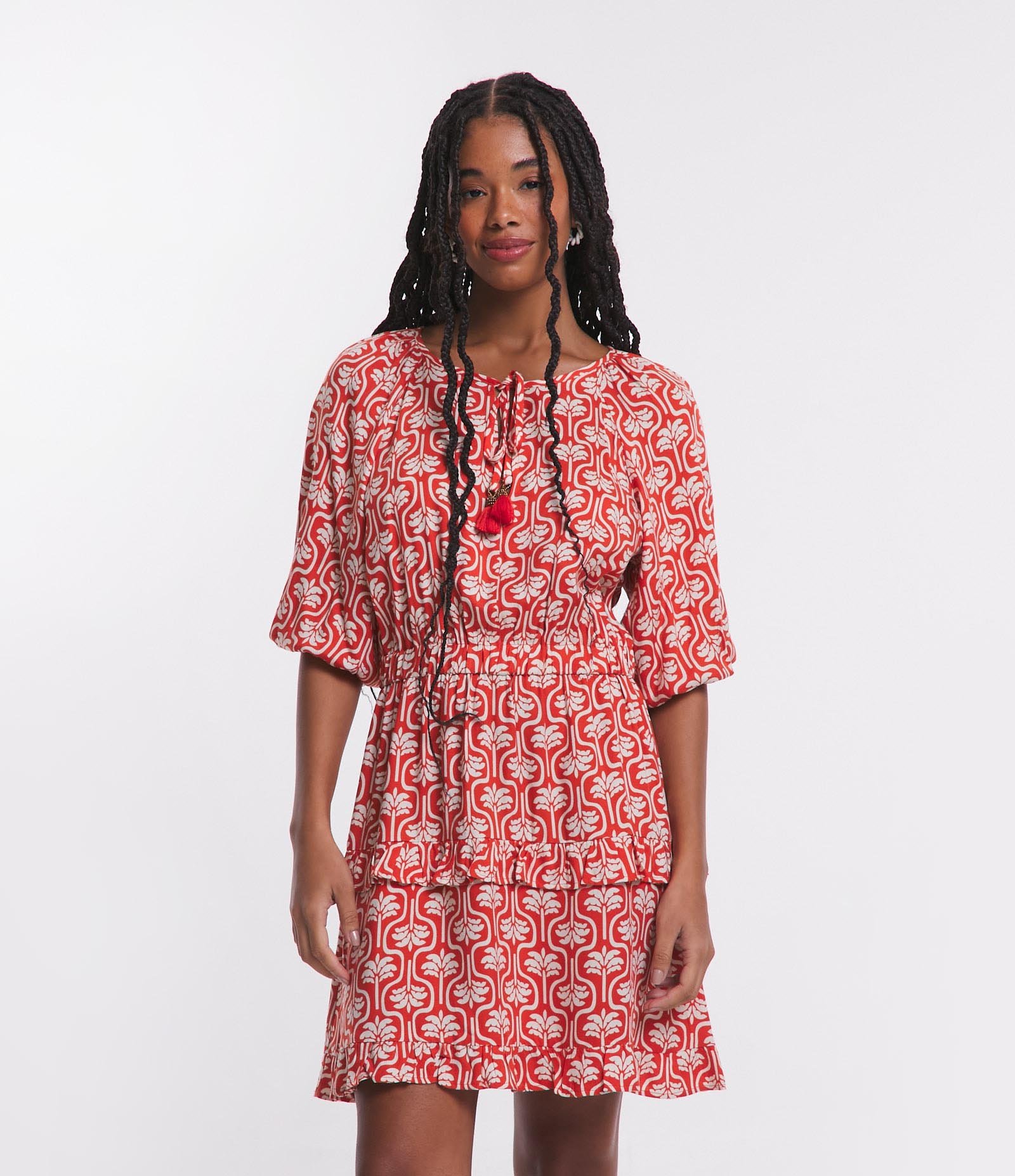 Vestido Curto em Viscose com Amarração no Busto e Estampa Coqueirinhos Vermelho 1
