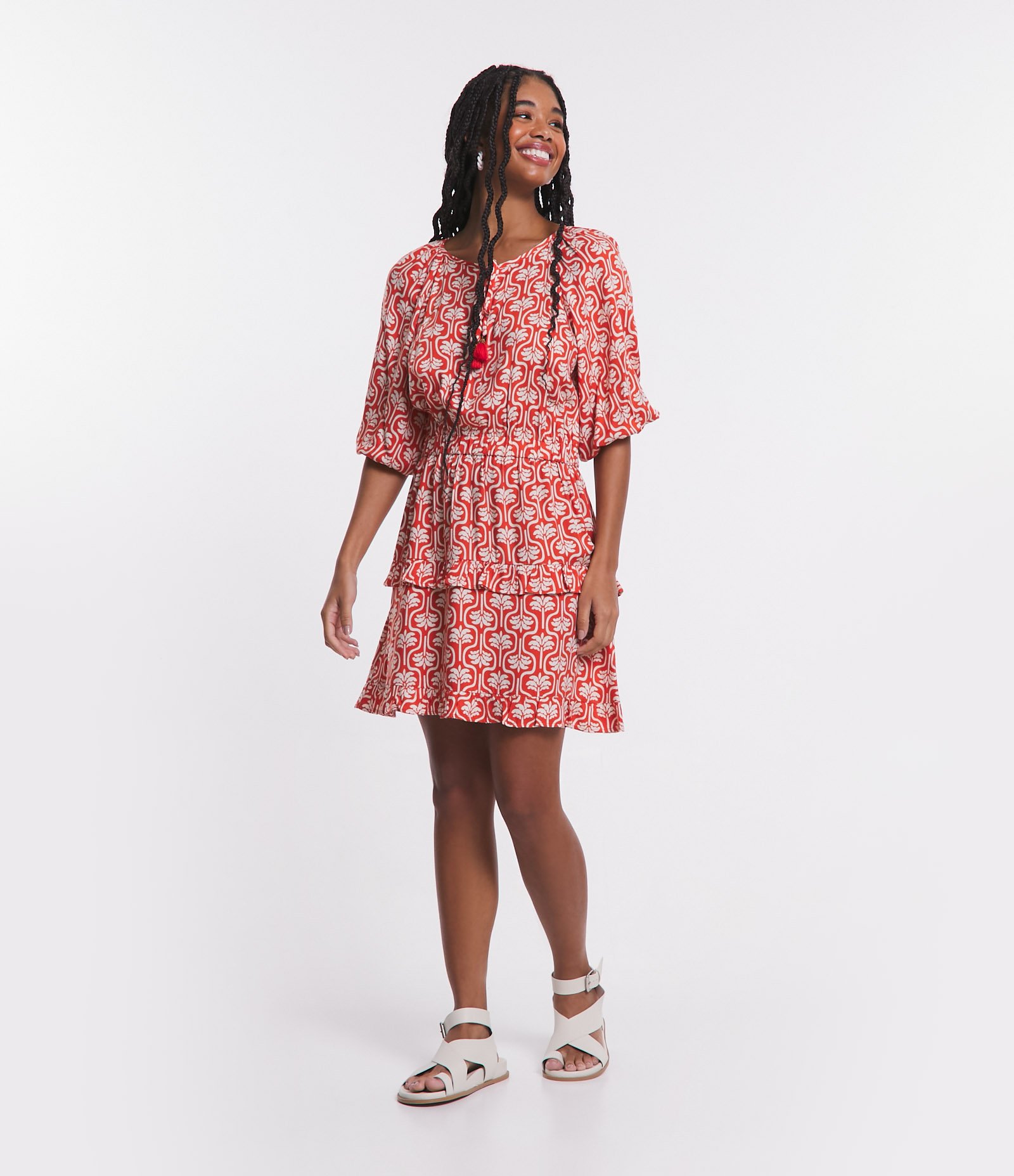 Vestido Curto em Viscose com Amarração no Busto e Estampa Coqueirinhos Vermelho 2