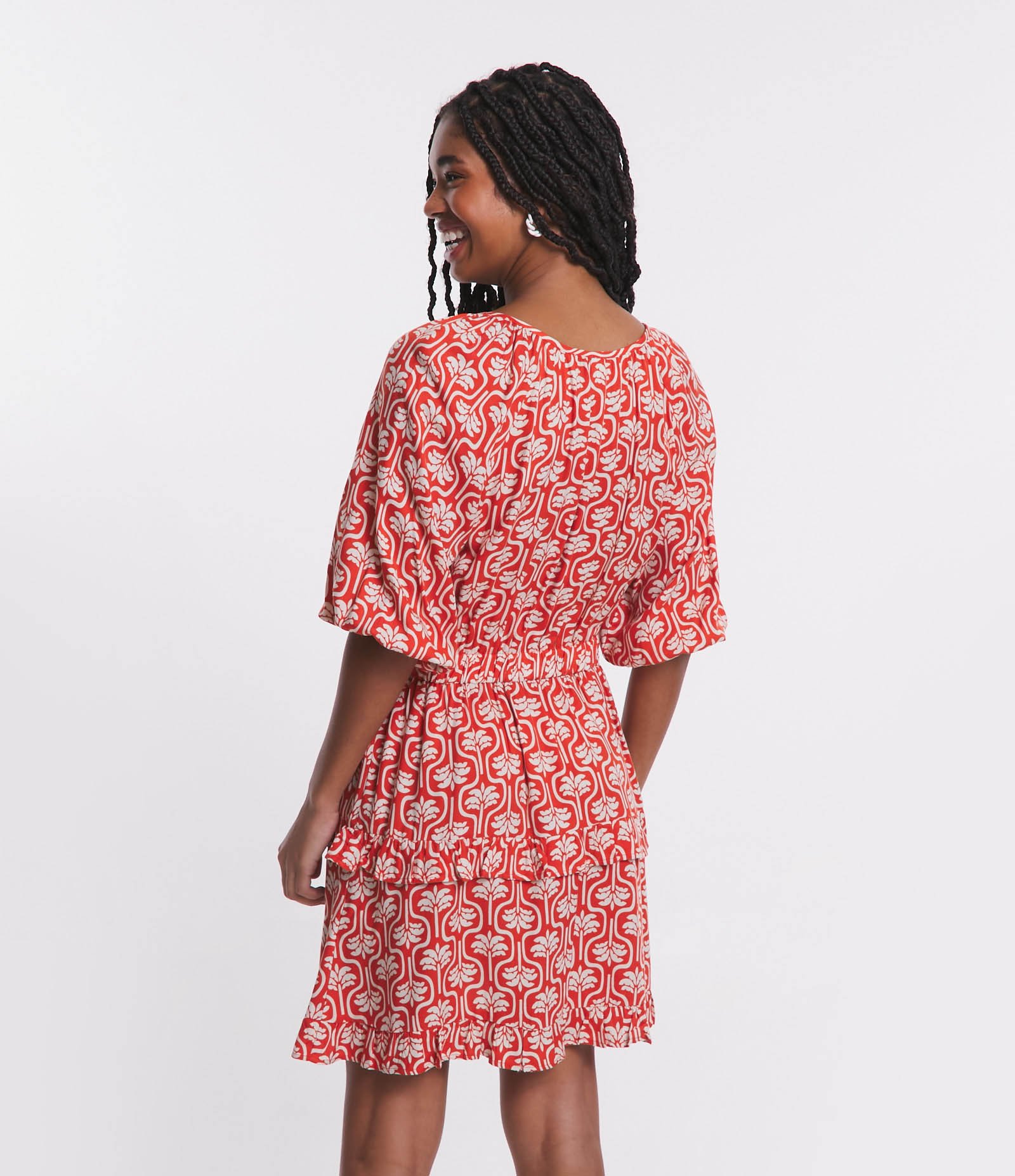 Vestido Curto em Viscose com Amarração no Busto e Estampa Coqueirinhos Vermelho 3