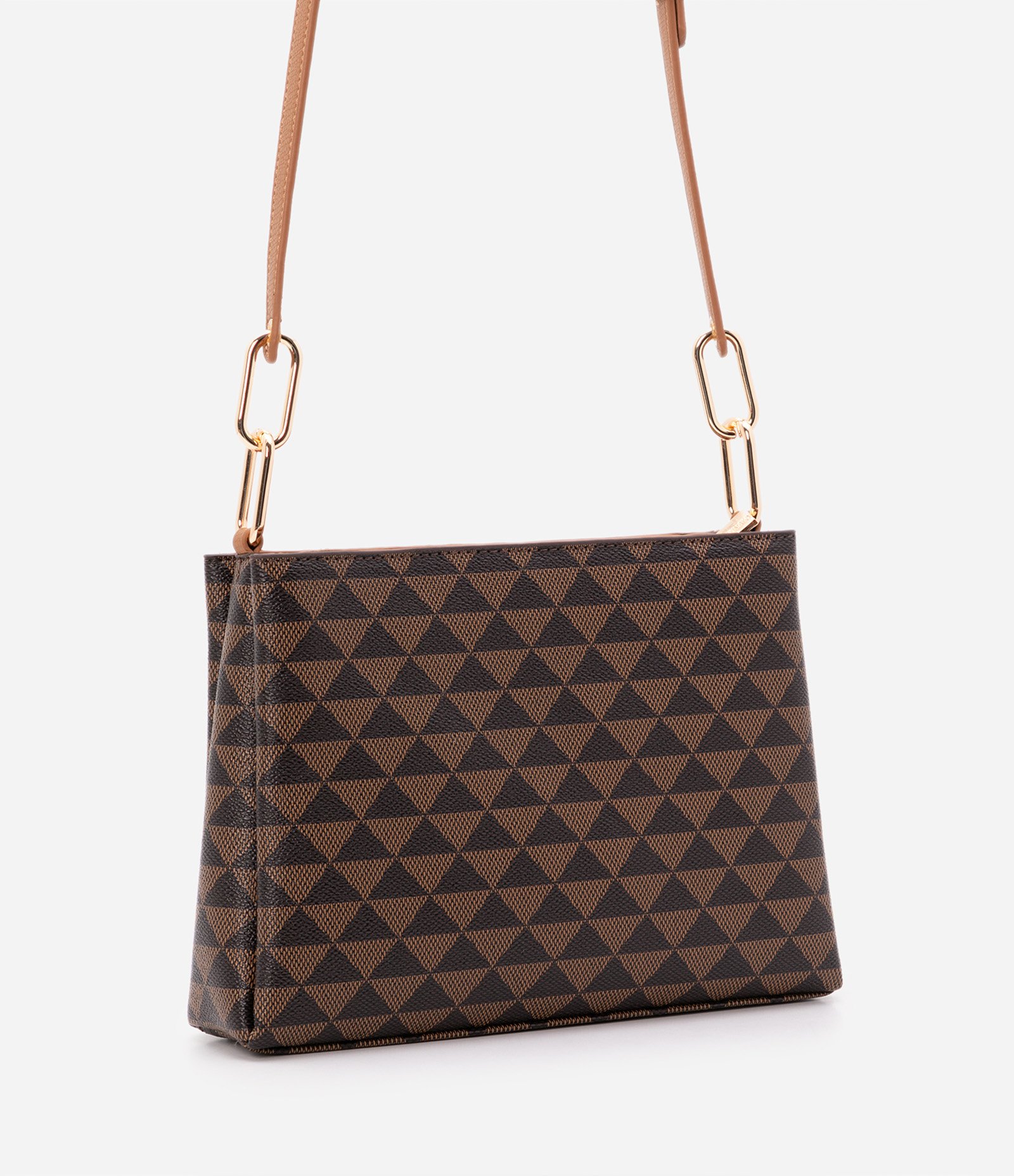 Bolsa Transversal com Estampa de Triângulos e Plaquinha de Metal Marrom 4