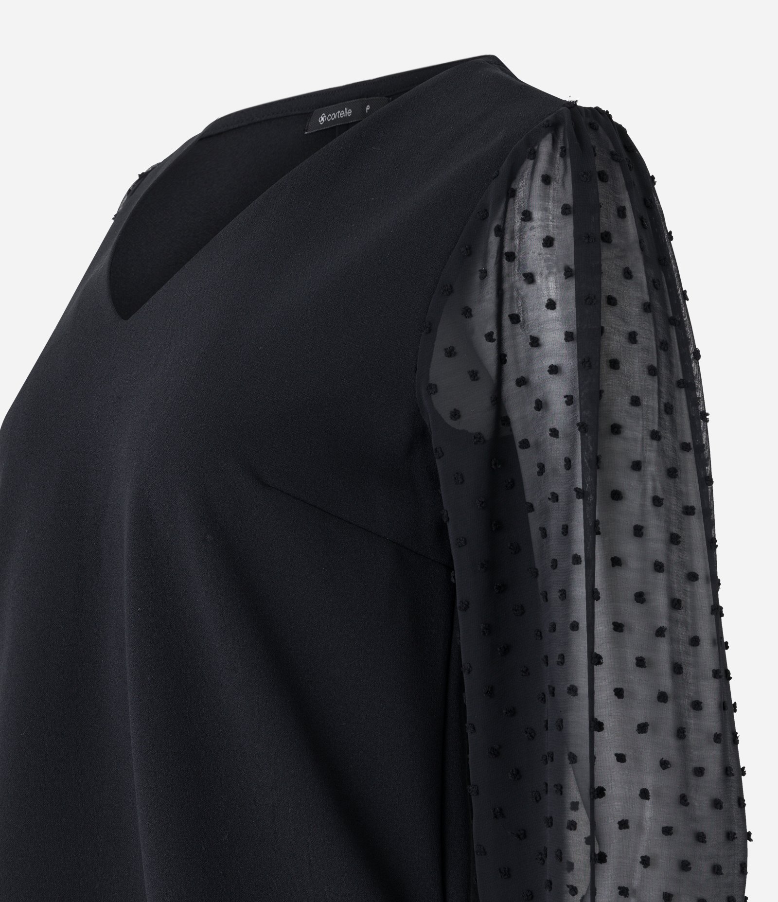 Blusa em Crepe com Manga em Chiffon Poá Preto 6