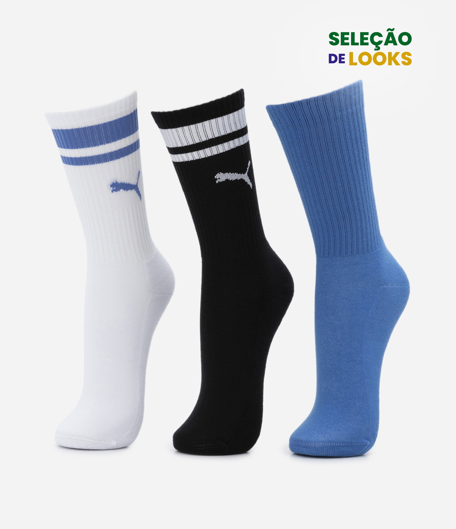 Kit 03 Meias Cano Alto Esportiva em Algodão Puma Azul/ Preto/ Branco 1