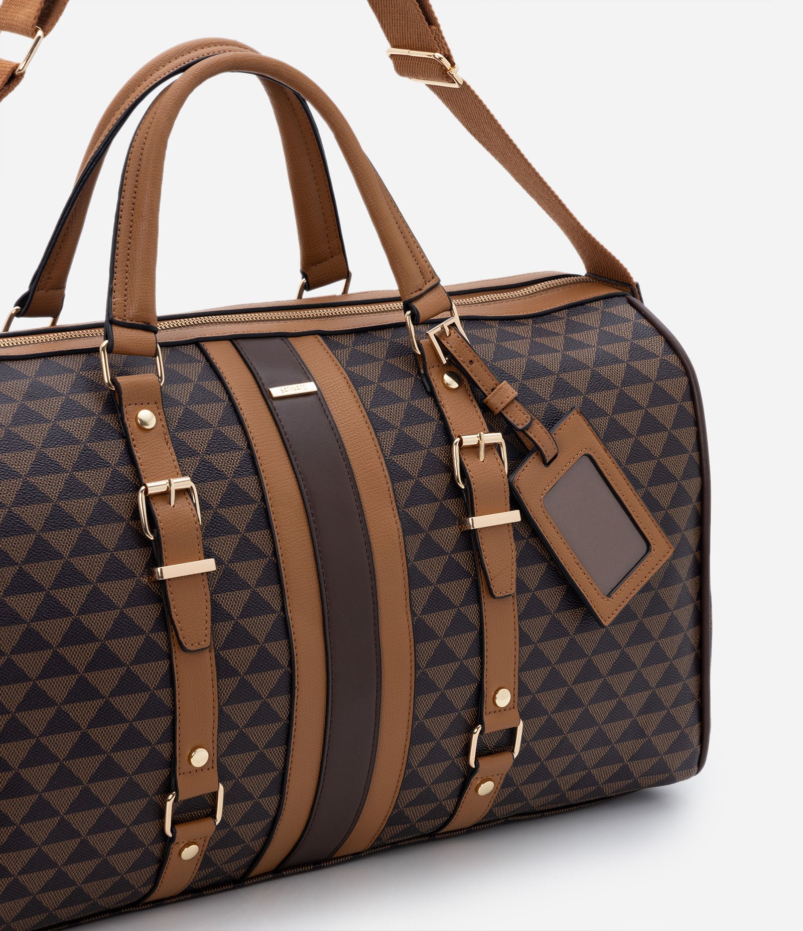 Bolsa Mala Grande com Detalhes de Fivelas e Alças Duplas Marrom 6