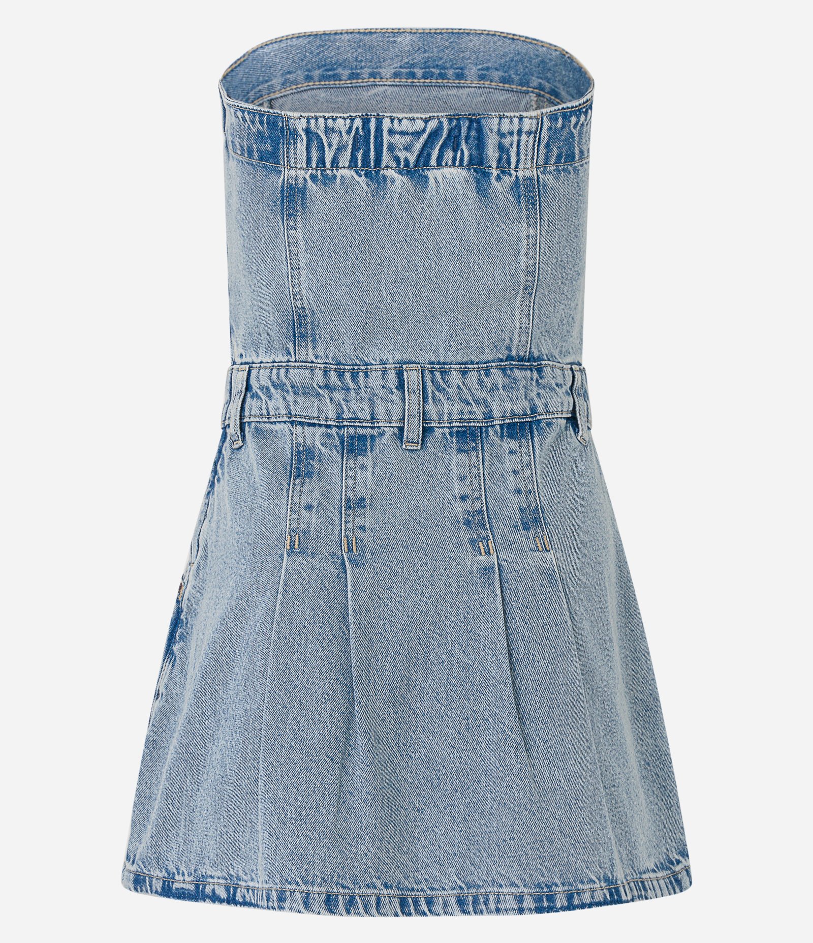 Vestido Curto em Jeans com Pregas com Decote Tomara que Caia Azul 2