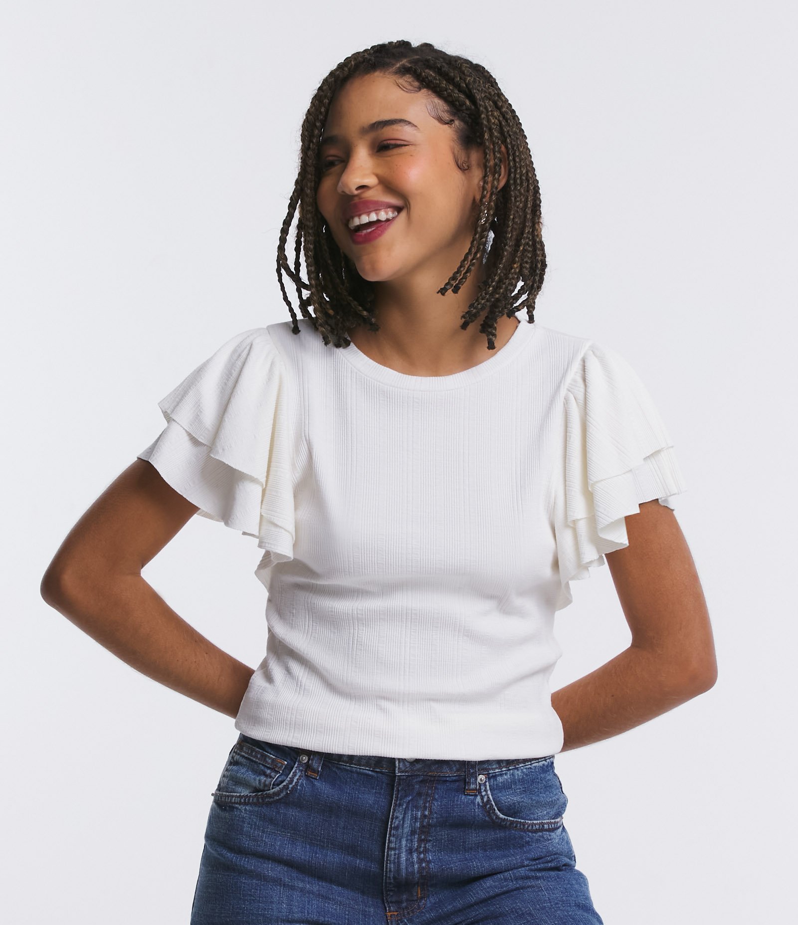 Blusa em Ribana com Babados na Manga Branco Neve 1