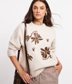 Suéter em Tricô com Bordado Floral em Miçangas