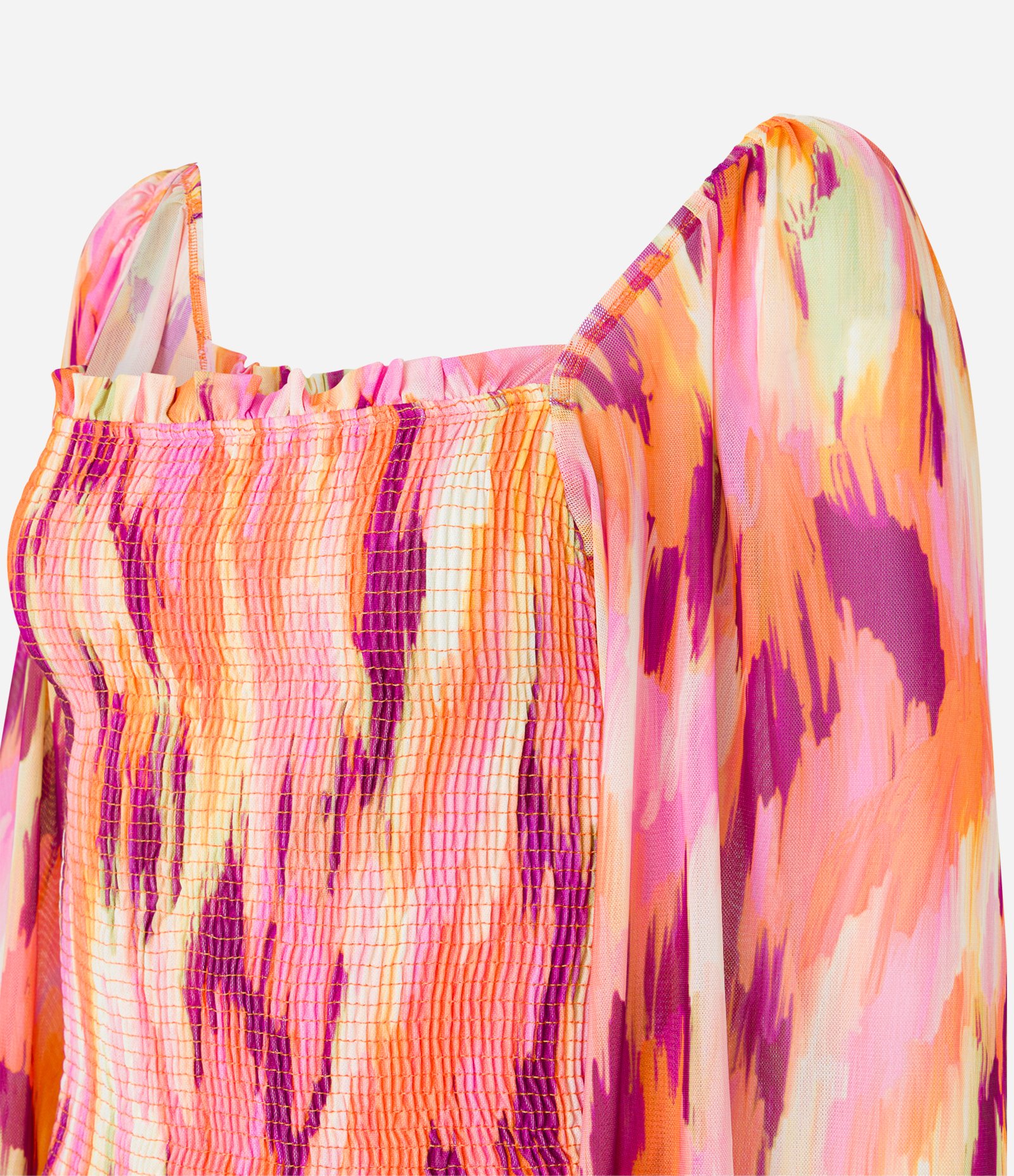 Blusa em Tule com Manga Gode Detalhe Lastex e Estampa Abstrata Laranja/ Roxo 2