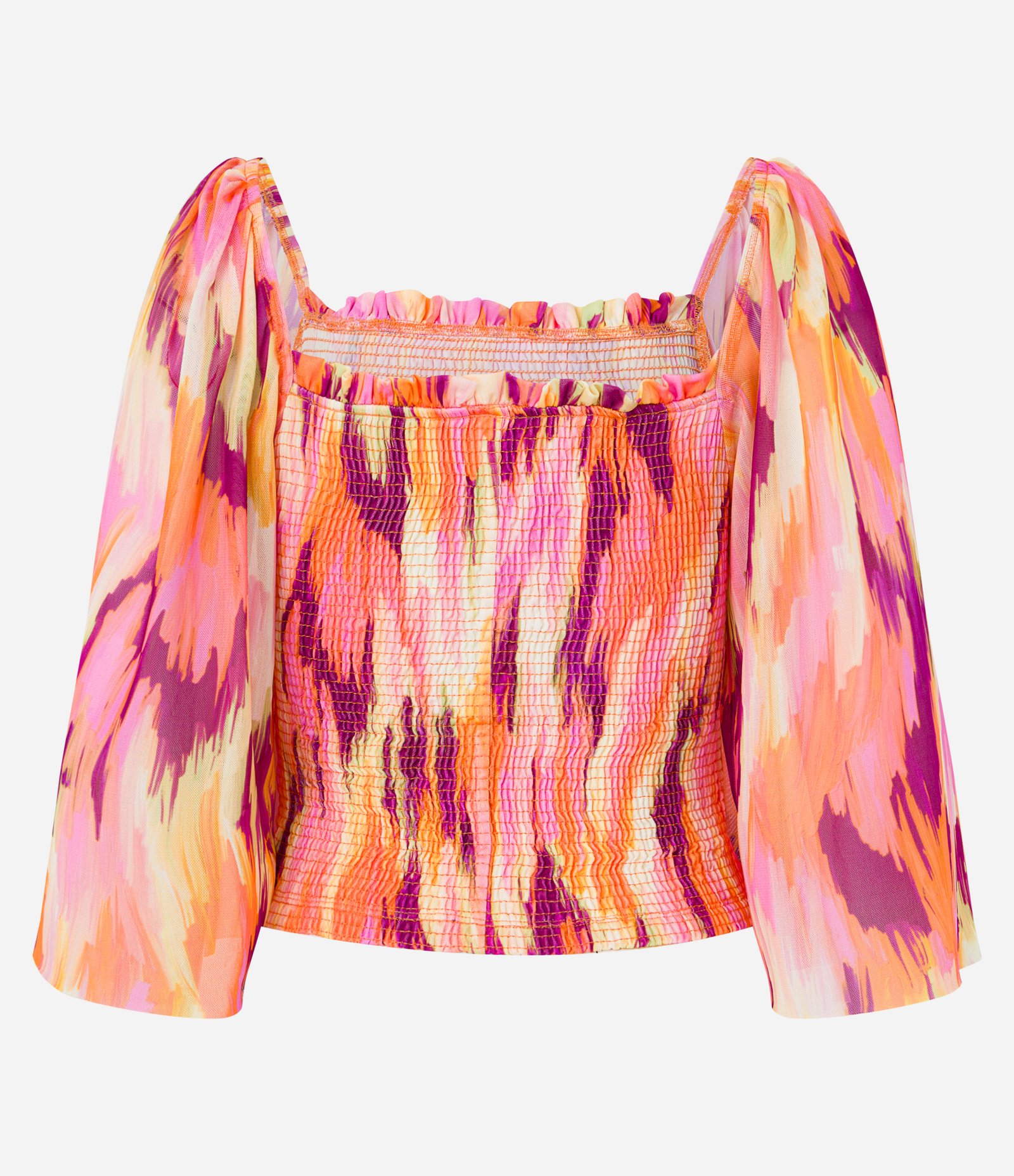 Blusa em Tule com Manga Gode Detalhe Lastex e Estampa Abstrata Laranja/ Roxo 3