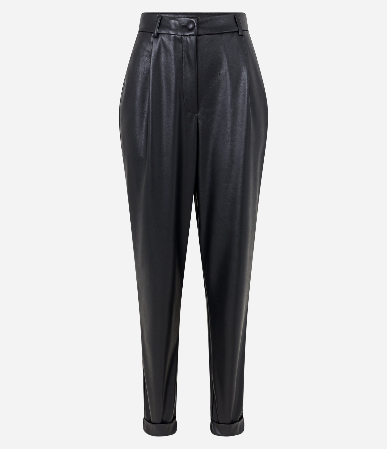 Calça Cenoura em Pu com Pregas e Bainha Italiana Preto 5