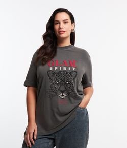 Camiseta Alongada em Algodão Estonado com Estampa Onça Glam Spirit Curve & Plus Size