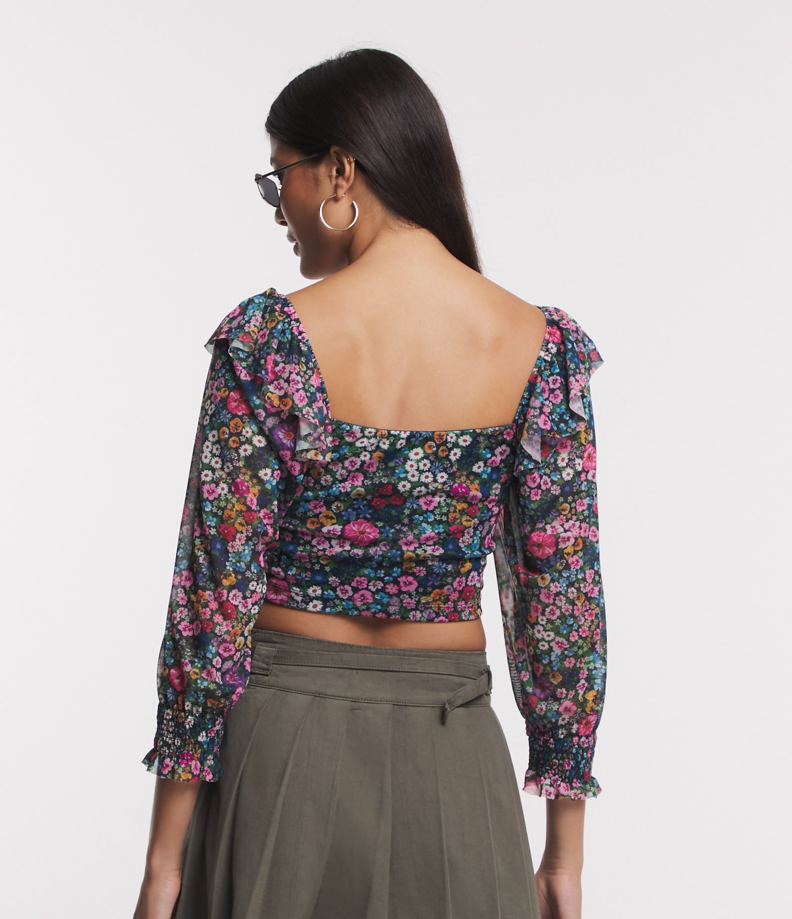 Blusa Manga 3/4 em Tule com Flores Liberty Estampadas Multicores 3