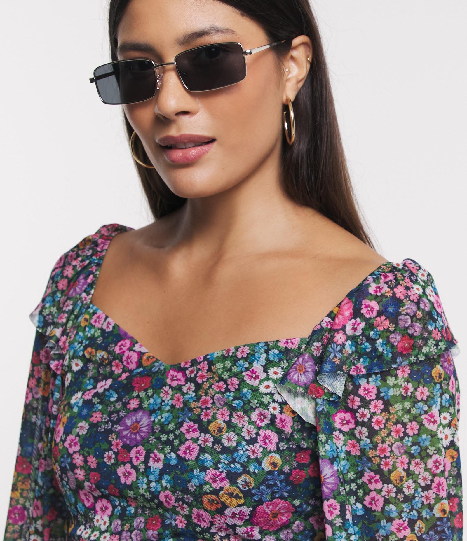 Blusa Manga 3/4 em Tule com Flores Liberty Estampadas Multicores 4