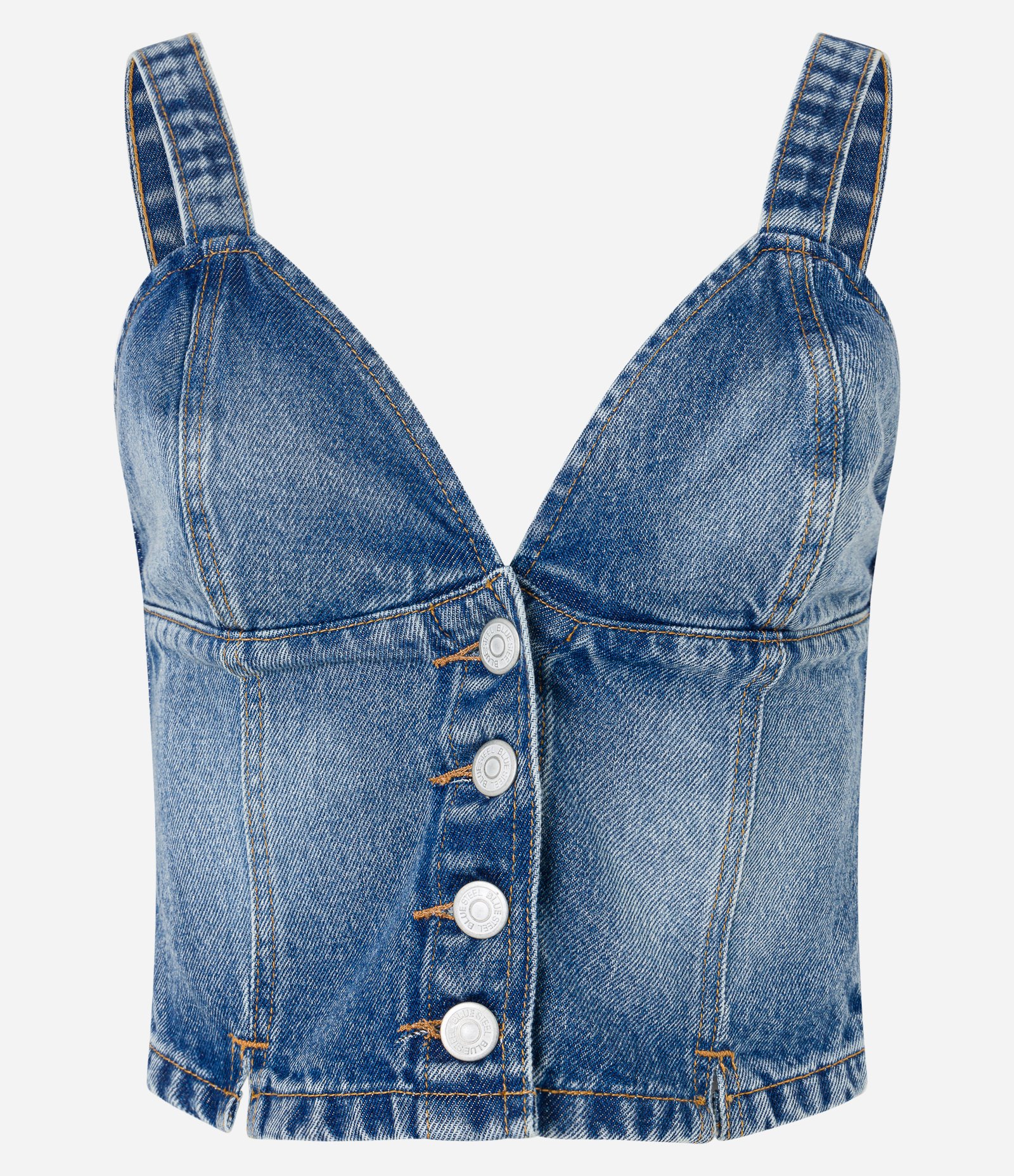 Blusa Cropped em Jeans com Fechamento por Botões e Recortes Azul 5