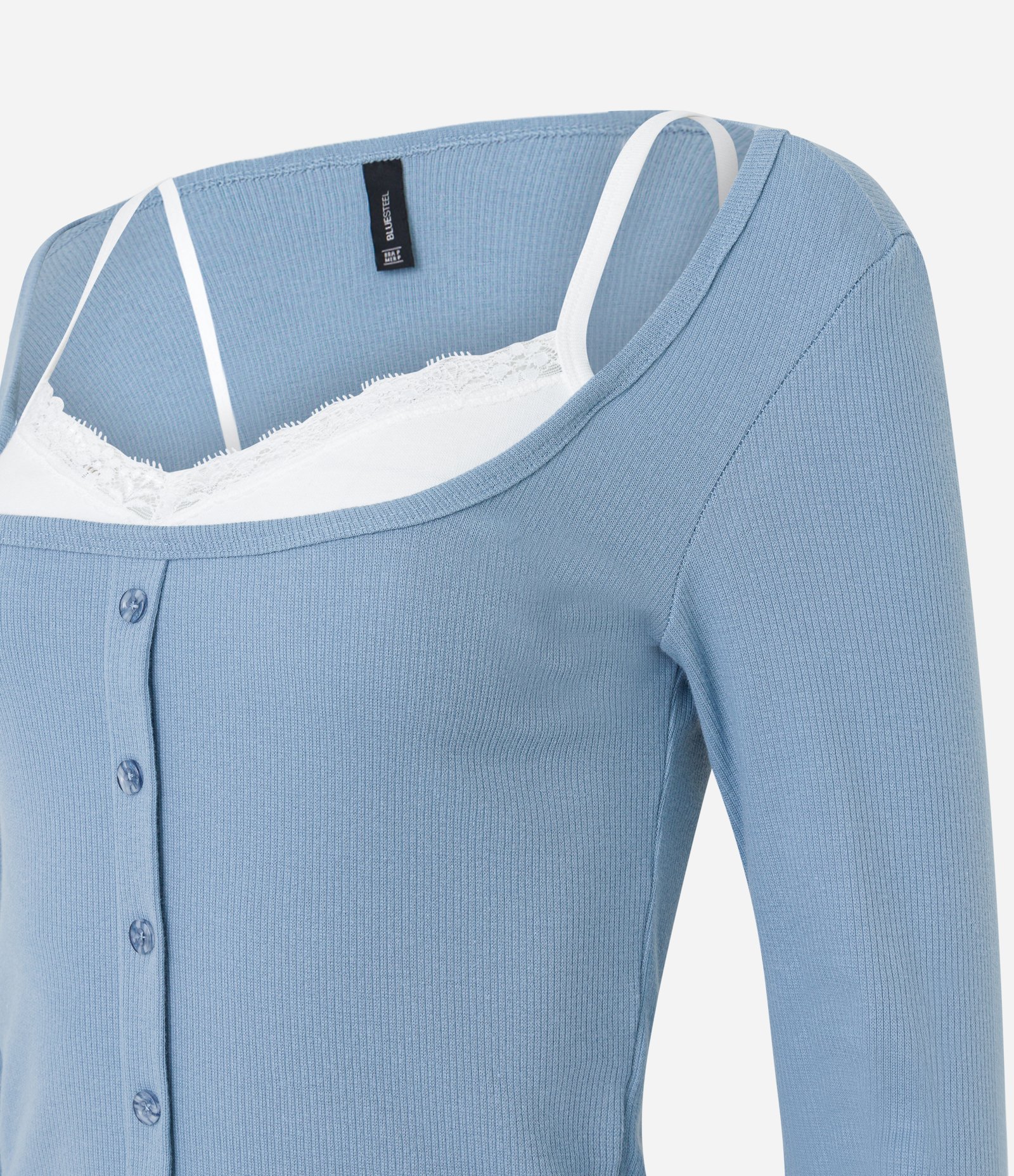 Blusa em Ribana com Botões e Blusinha por Baixo Azul 6
