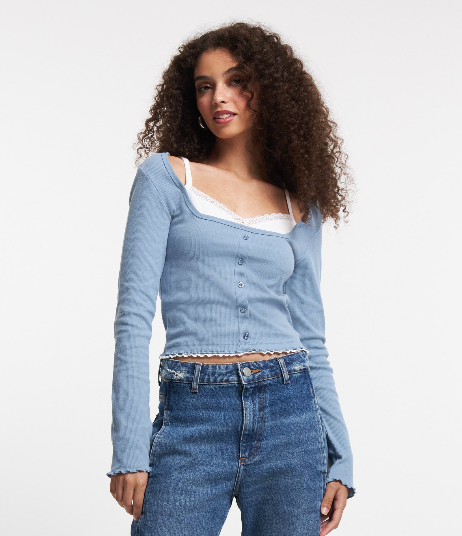 Blusa em Ribana com Botões e Blusinha por Baixo Azul 1