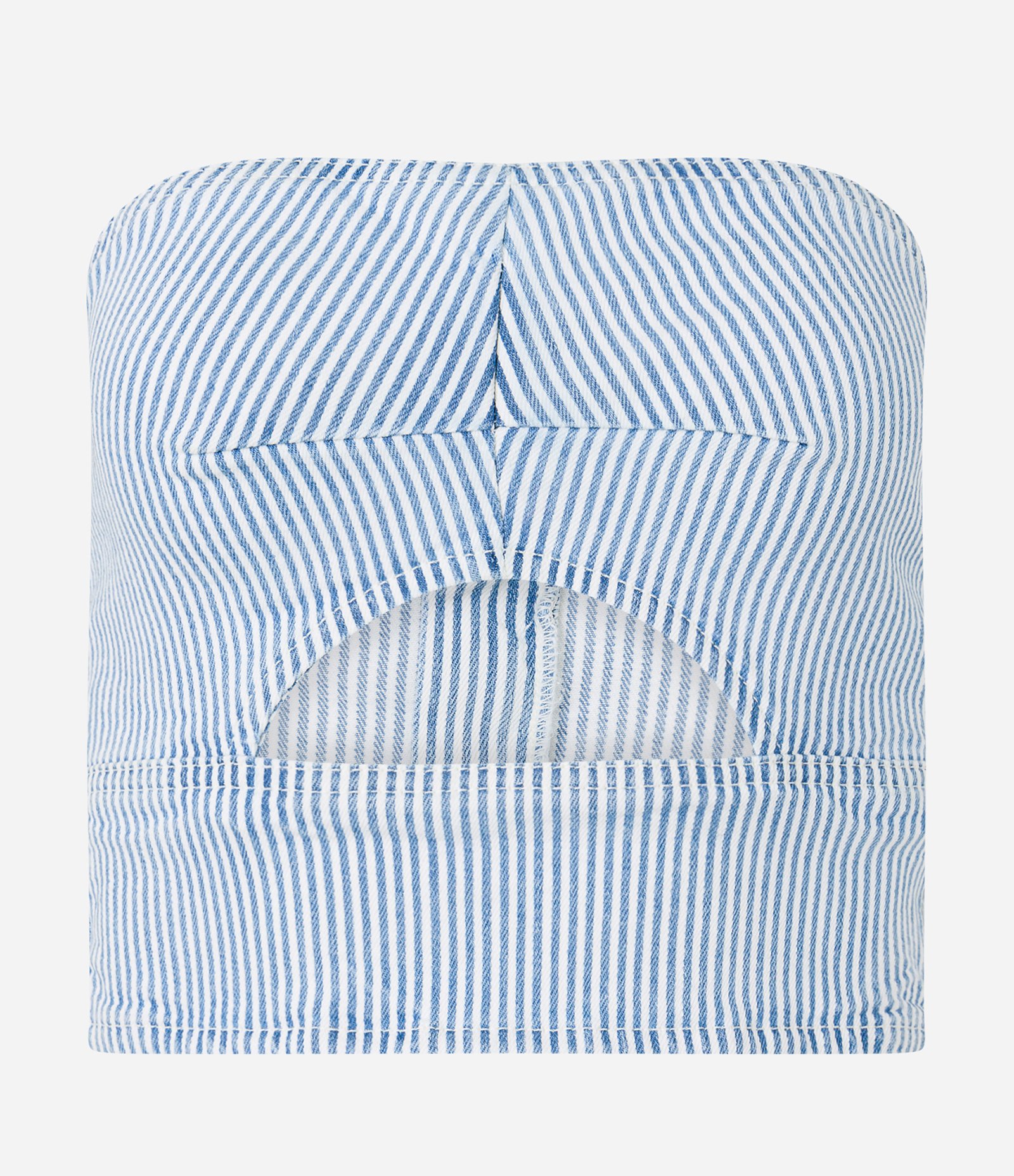 Blusa Cropped em Jeans com Estampa de Listras e Decote Tomara que Caia Azul 1