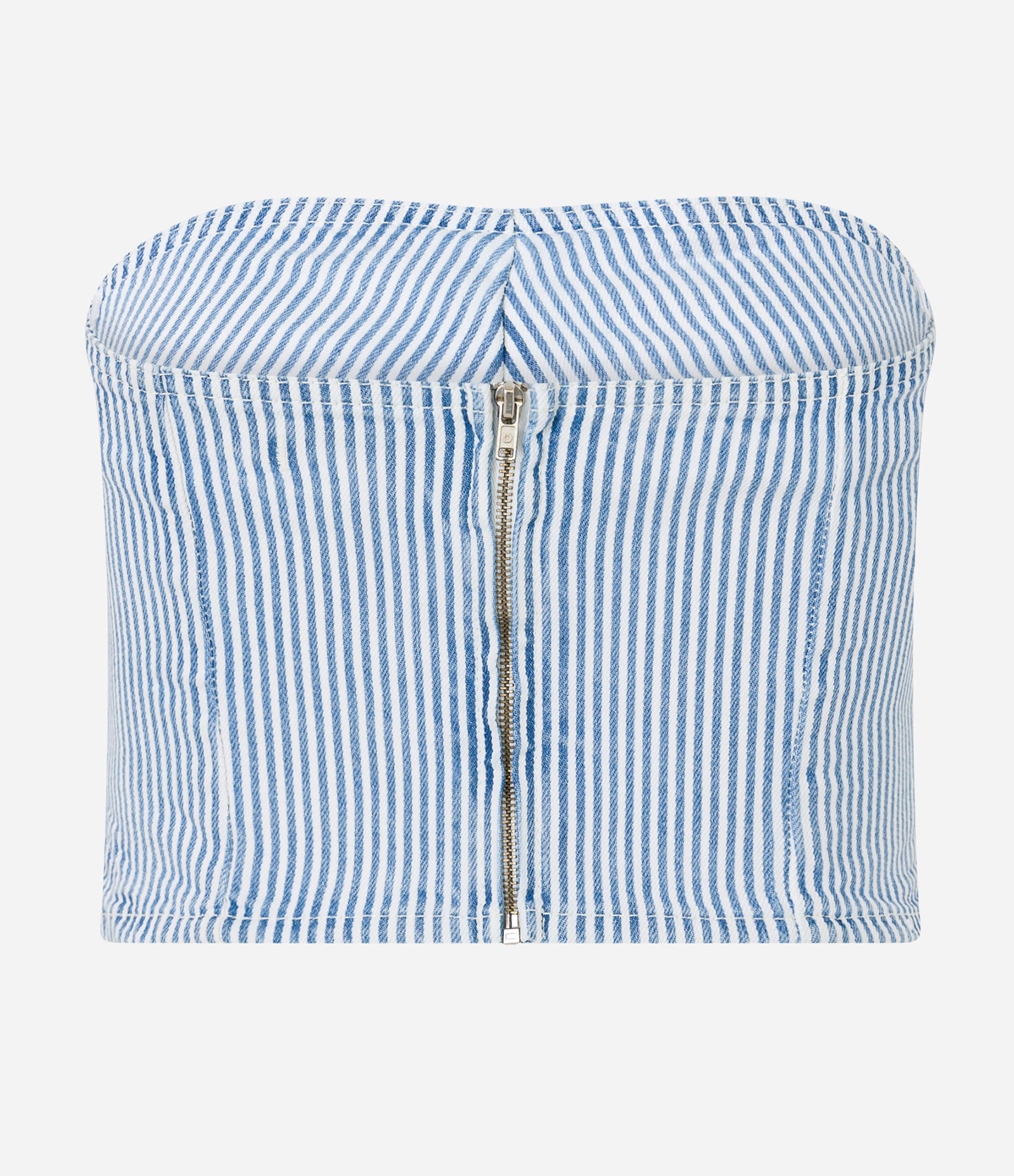 Blusa Cropped em Jeans com Estampa de Listras e Decote Tomara que Caia Azul 2