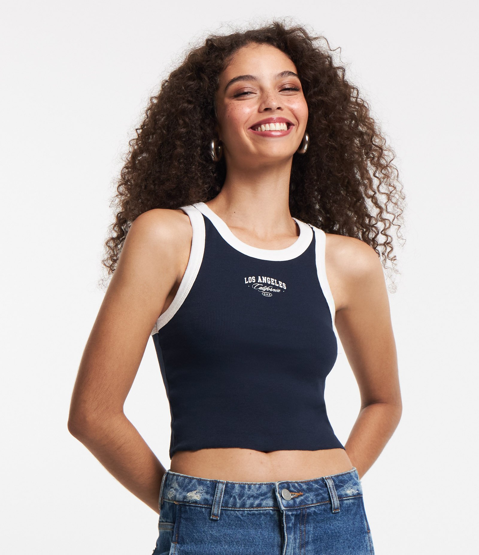 Blusa Regata Em Ribana Estampa Los Angeles Azul Marinho