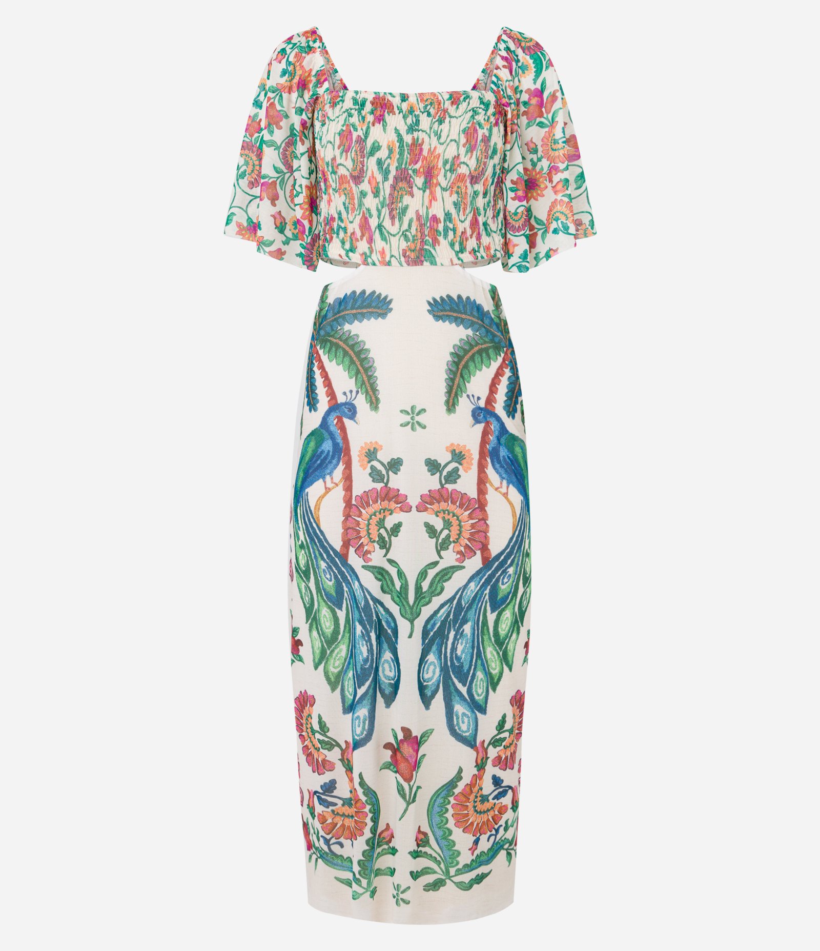 Vestido New Midi em Tule com Estampa Tropical e Recorte Vazado na Cintura Off White 6