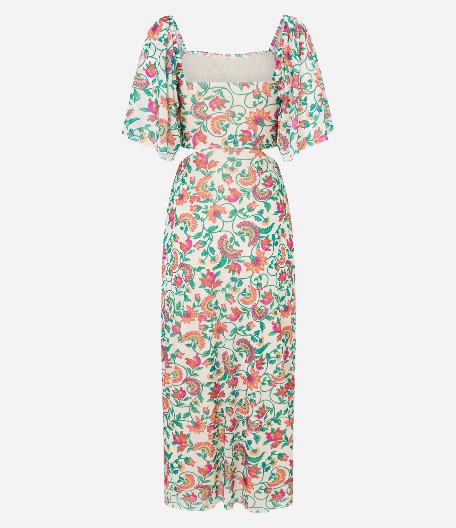 Vestido New Midi em Tule com Estampa Tropical e Recorte Vazado na Cintura Off White 8