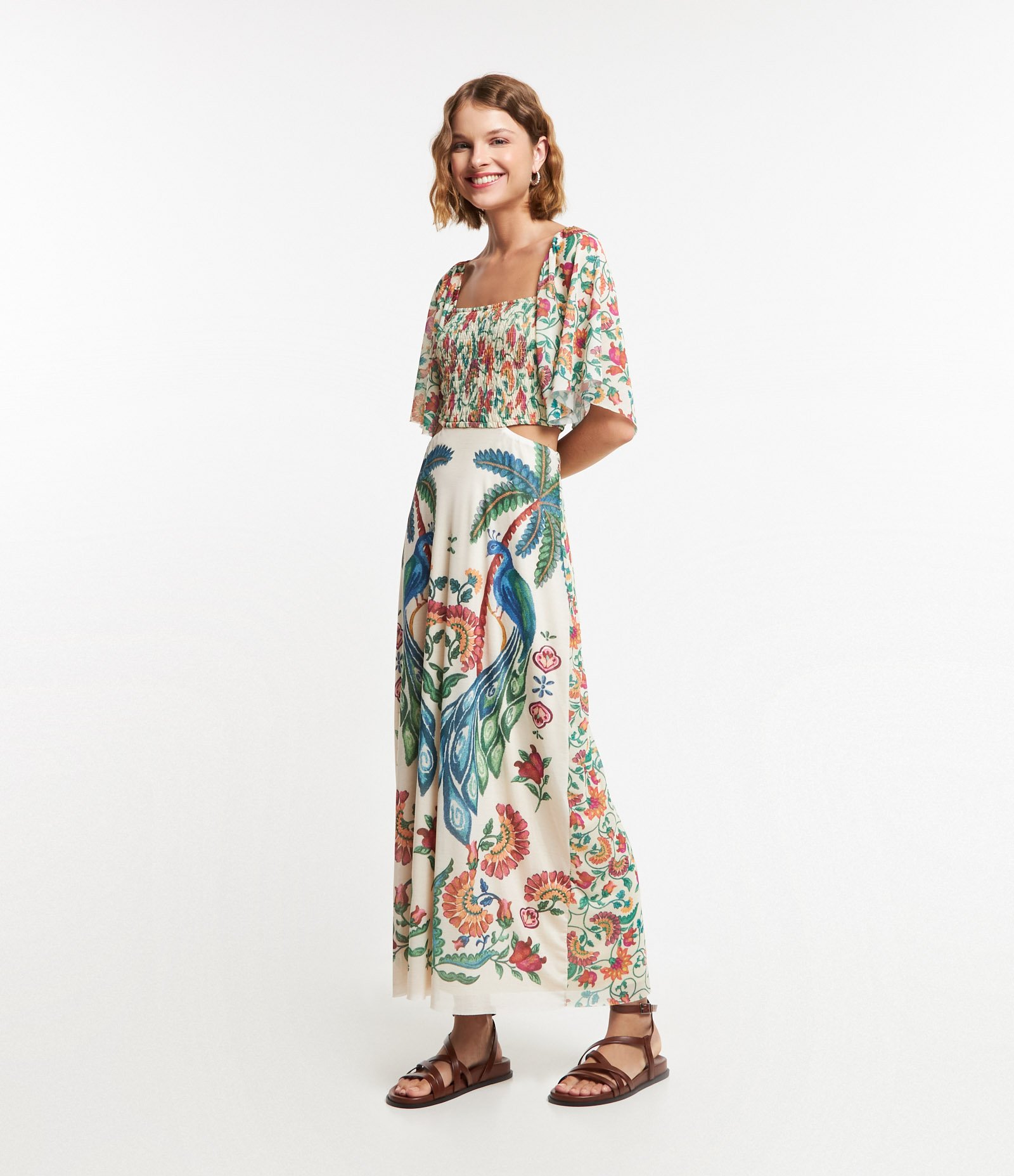 Vestido New Midi em Tule com Estampa Tropical e Recorte Vazado na Cintura Off White 1