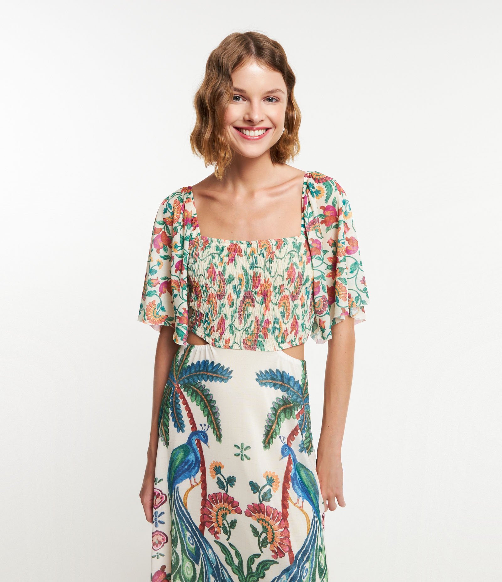 Vestido New Midi em Tule com Estampa Tropical e Recorte Vazado na Cintura Off White 2