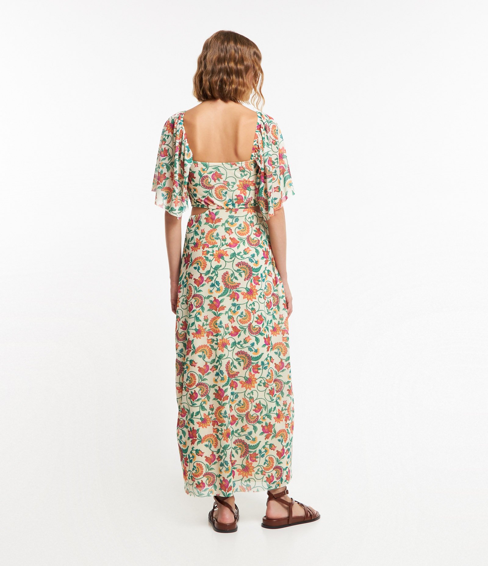 Vestido New Midi em Tule com Estampa Tropical e Recorte Vazado na Cintura Off White 3
