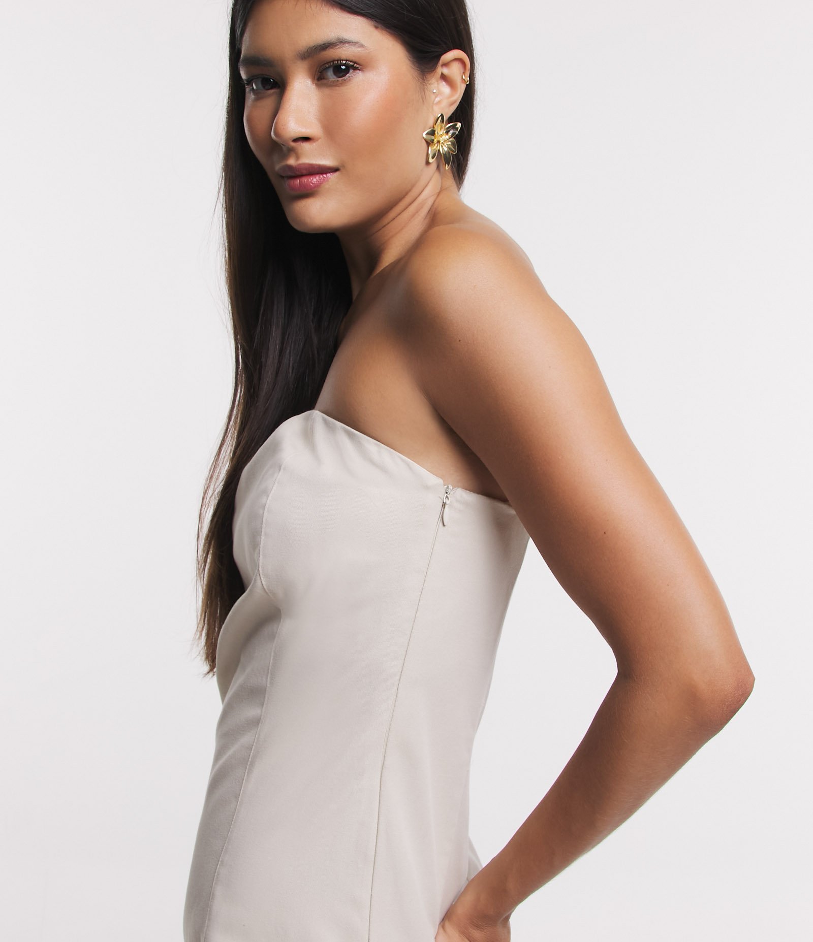 Vestido Longo Tomara Que Caia em Sarja Bege 5