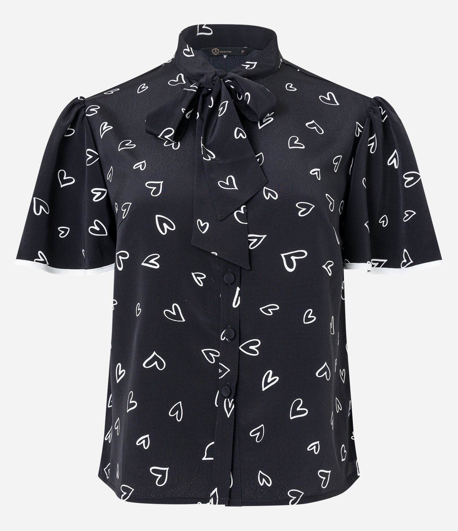 Camisa em Crepe com Gola Laço e Estampa de Coração Preto 6