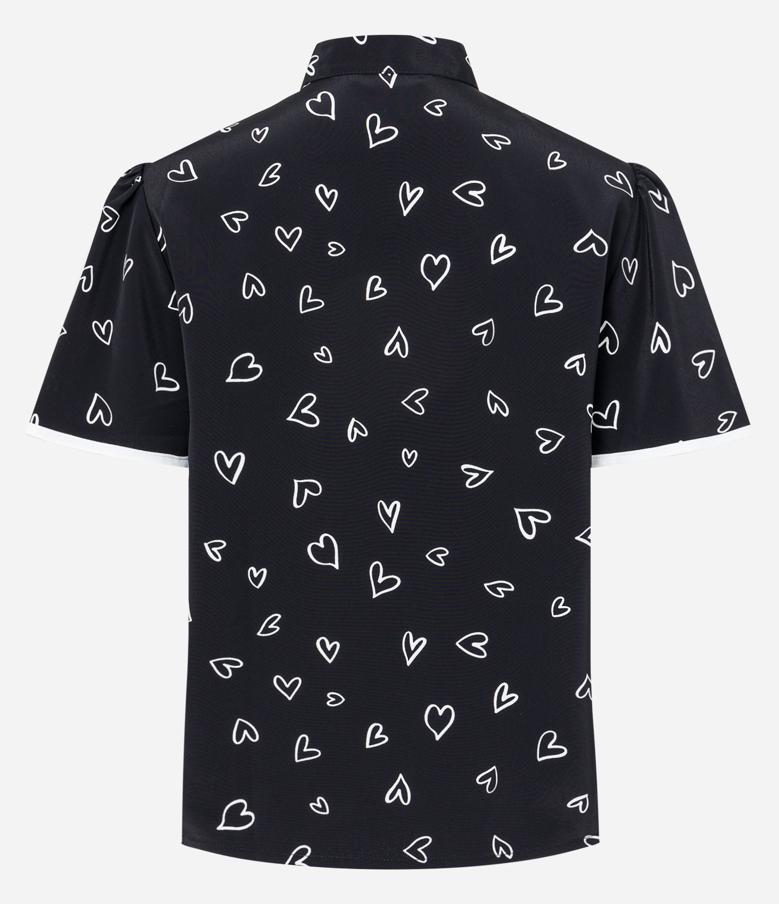 Camisa em Crepe com Gola Laço e Estampa de Coração Preto 7