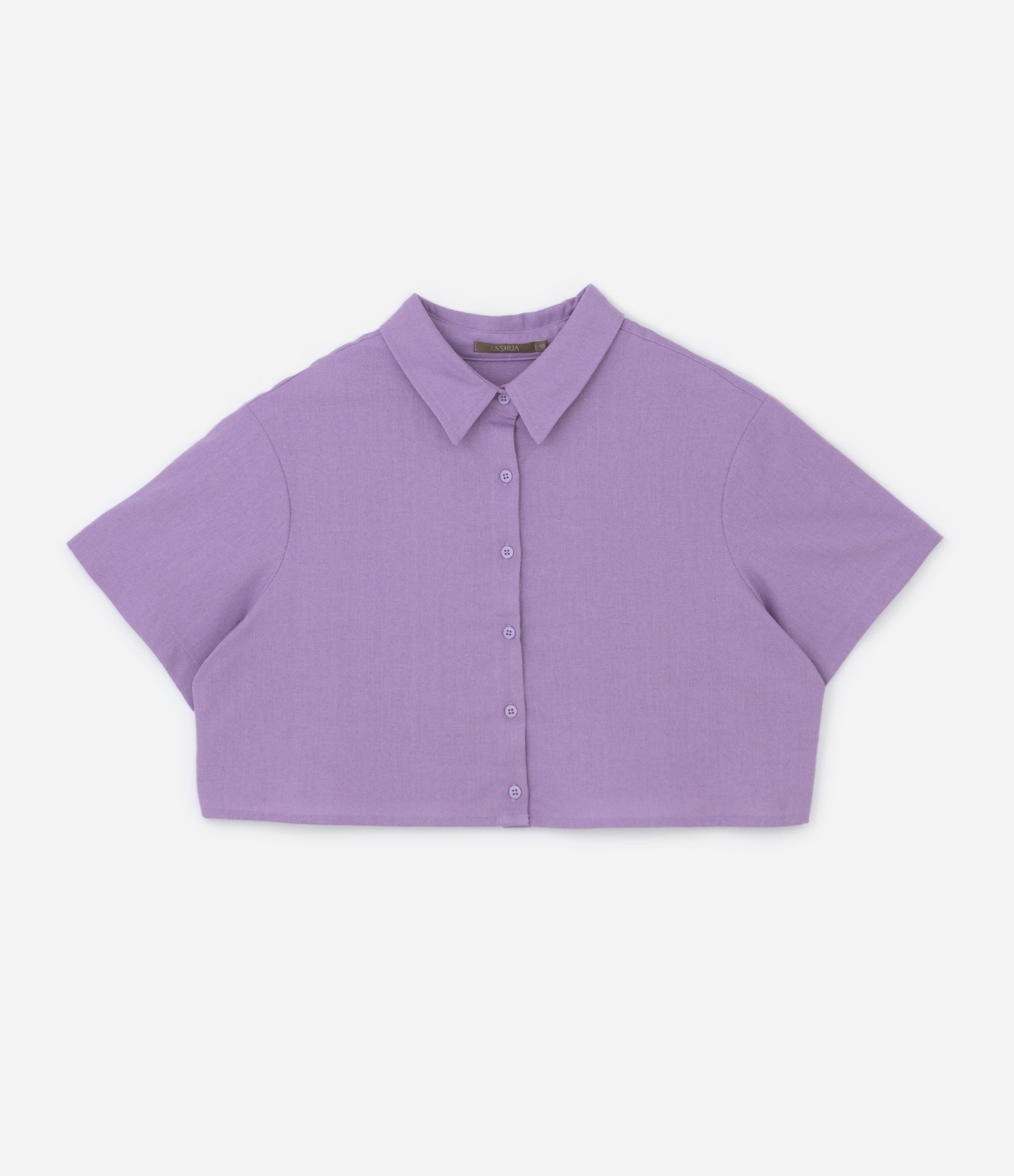 Camisa Cropped Manga Curta com Linho Curve & Plus Size Lilás 5