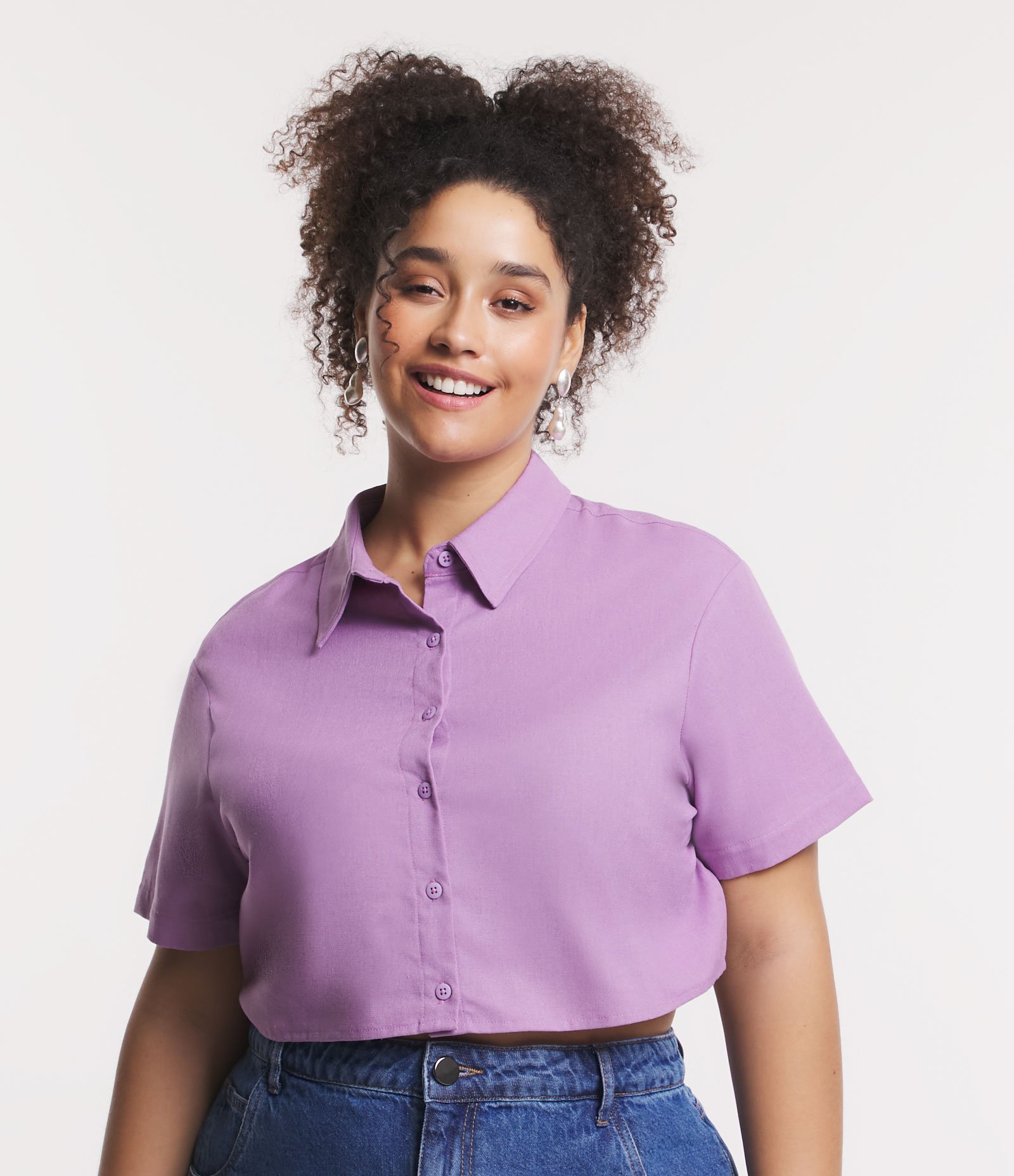 Camisa Cropped Manga Curta com Linho Curve & Plus Size Lilás 1