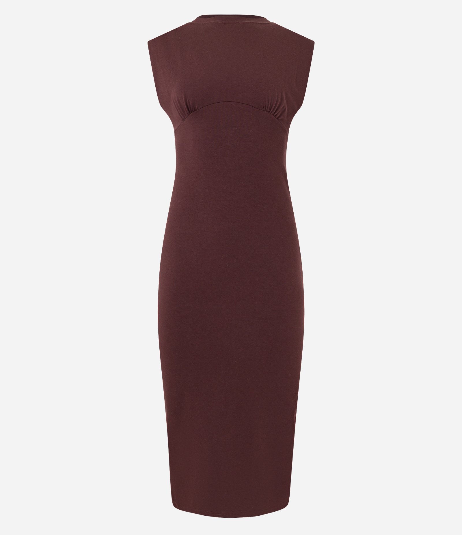 Vestido Midi em Meia Malha com Ombreira e Busto Franzido Marrom 5