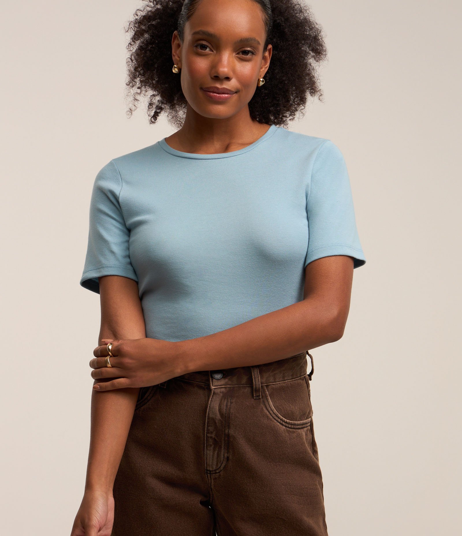 Blusa Básica em Algodão com Gola Redonda Azul Claro 1