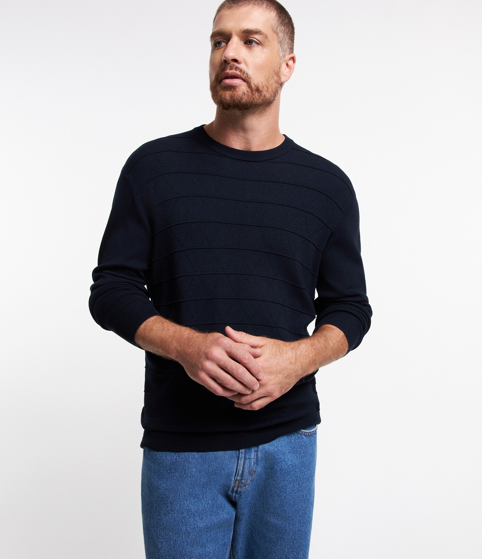 Suéter Regular em Tricô com Gola Redonda Azul Marinho 1