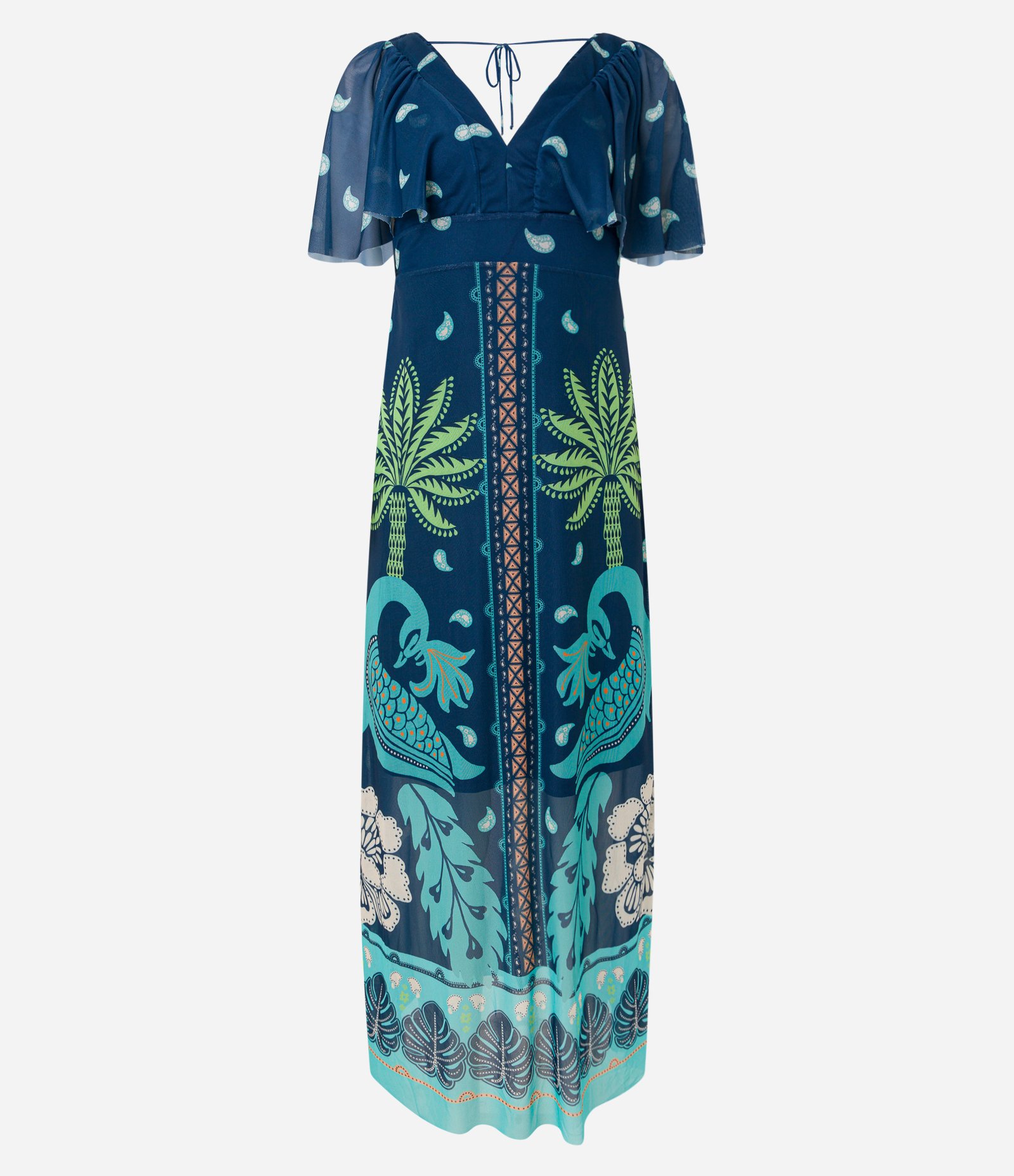 Vestido Midi em Tule com Decote V e Estampa Tropical Azul 6