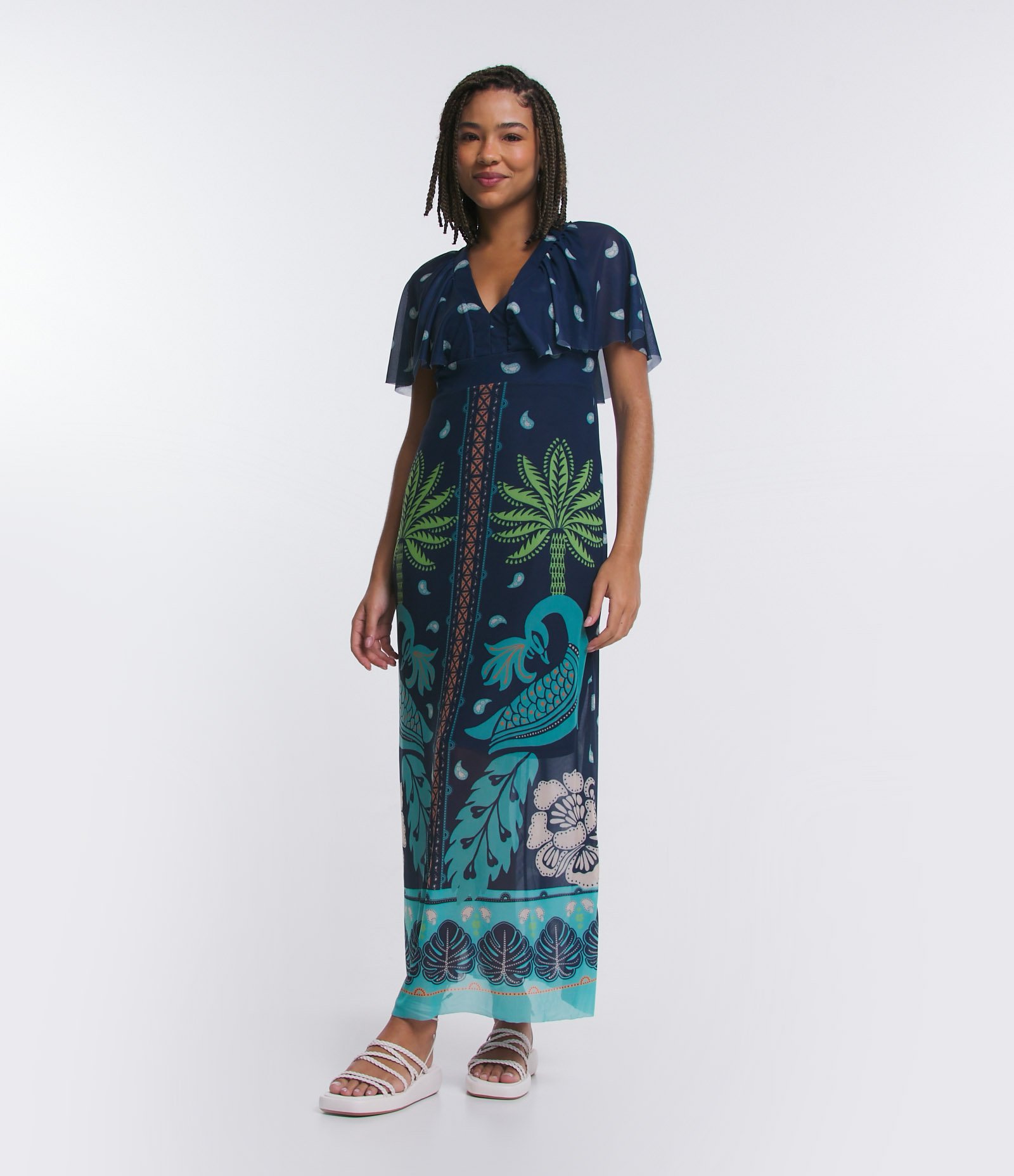 Vestido Midi em Tule com Decote V e Estampa Tropical Azul 1