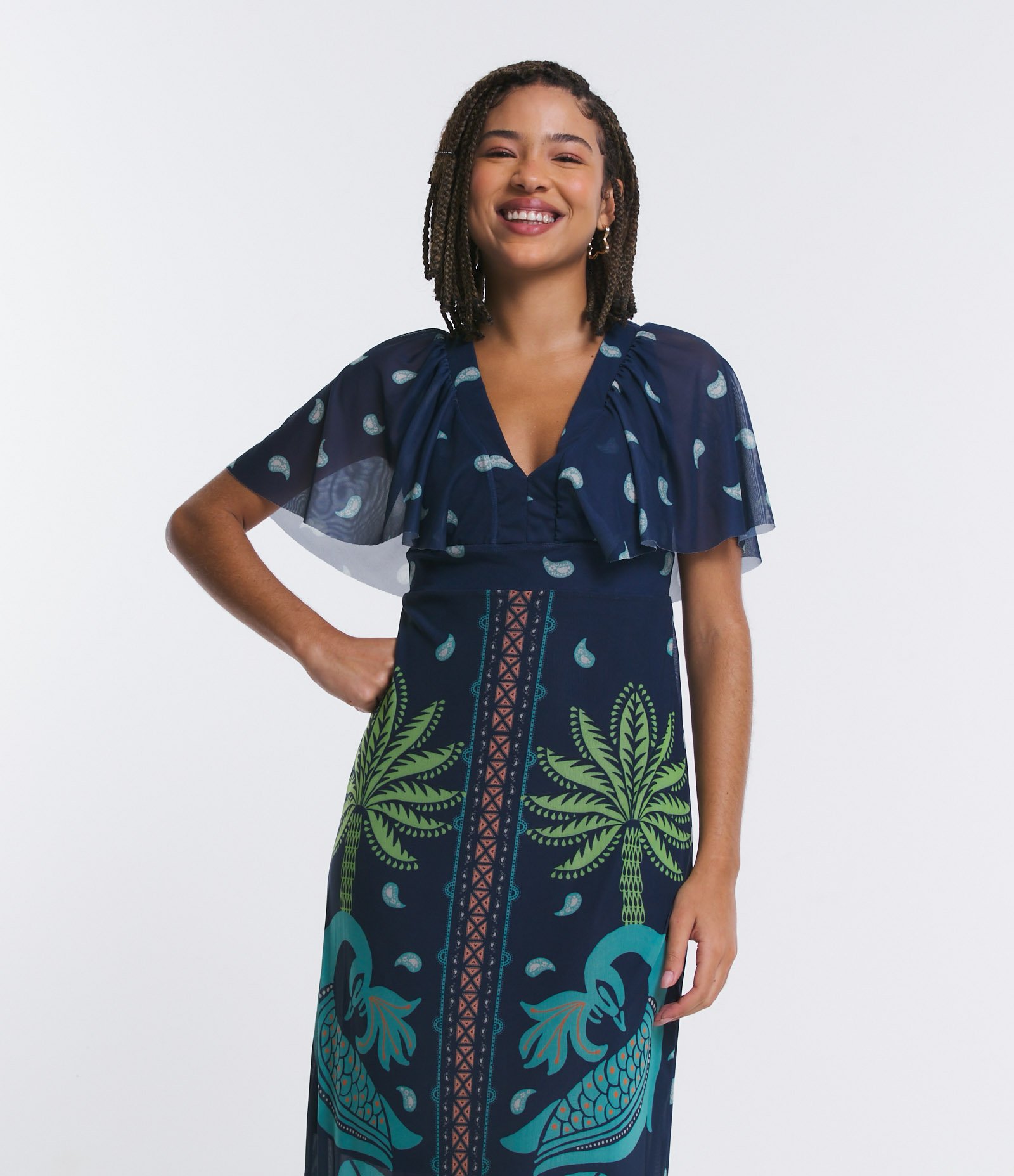 Vestido Midi em Tule com Decote V e Estampa Tropical Azul 2
