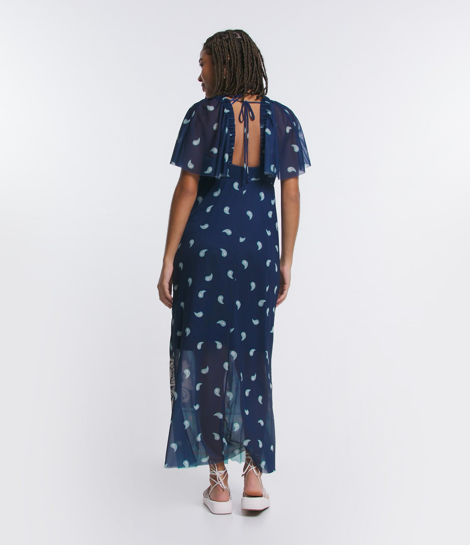 Vestido Midi em Tule com Decote V e Estampa Tropical Azul 3
