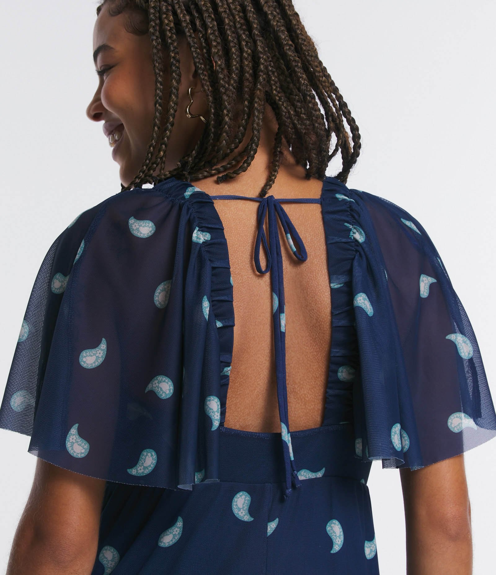 Vestido Midi em Tule com Decote V e Estampa Tropical Azul 5