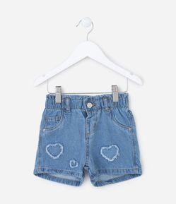 Short Clochard Infantil em Jeans com Bordado Corações - Tam 1 a 5 Anos