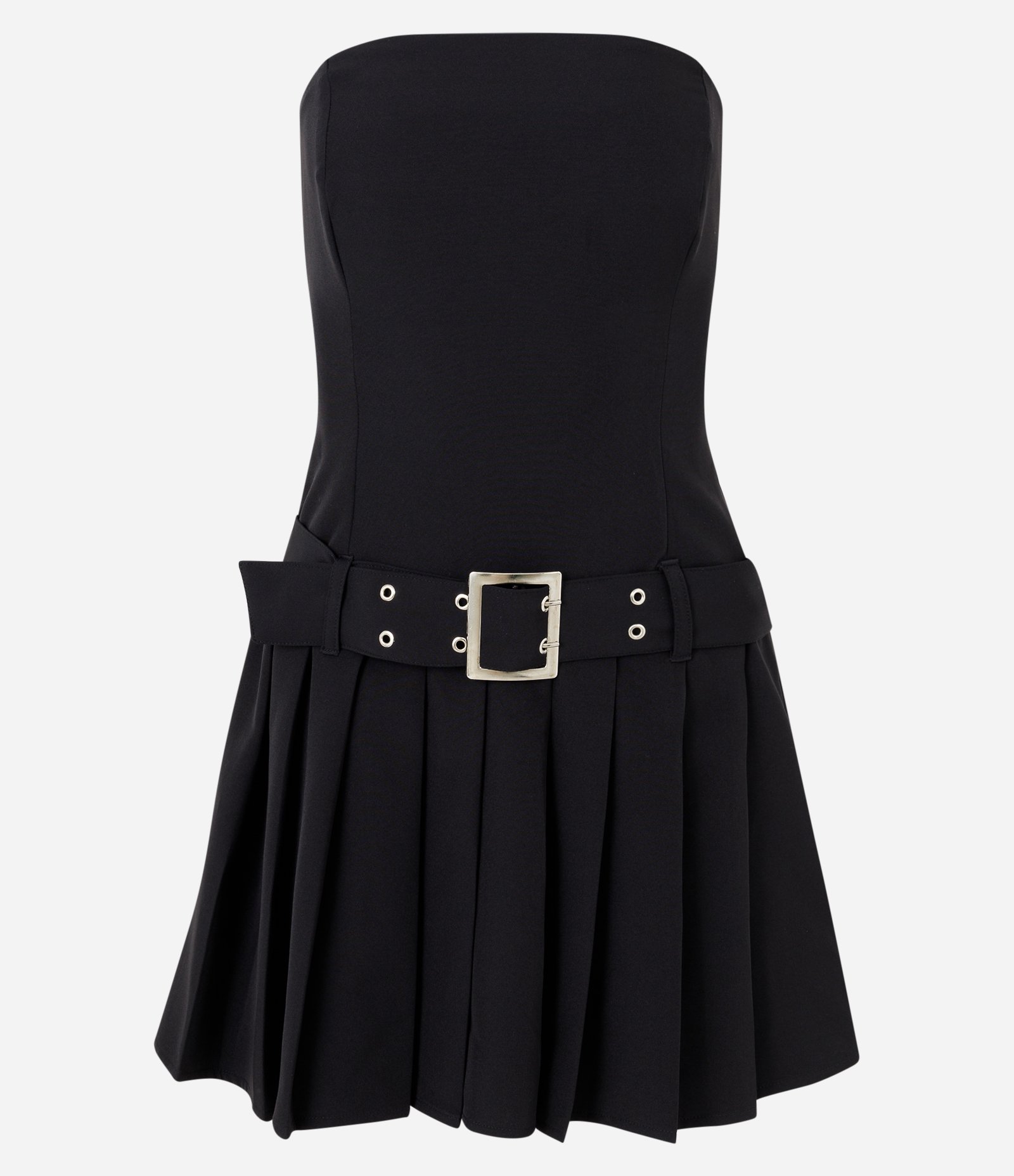 Vestido Curto em Sarja com Cinto de Fivela e Pregas na Saia Preto 5